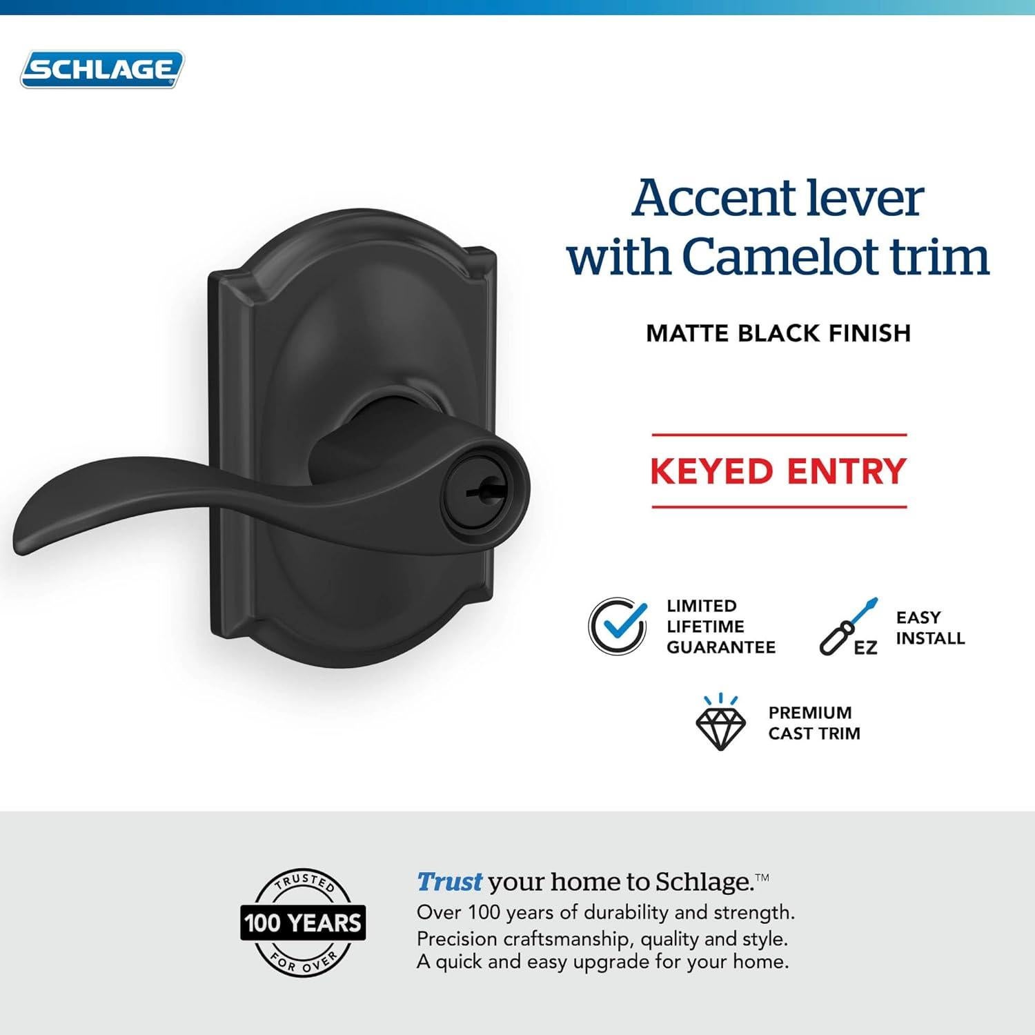 Palanca de Entrada con Llave SCHLAGE Camelot Negro Mate - 8 Unidades