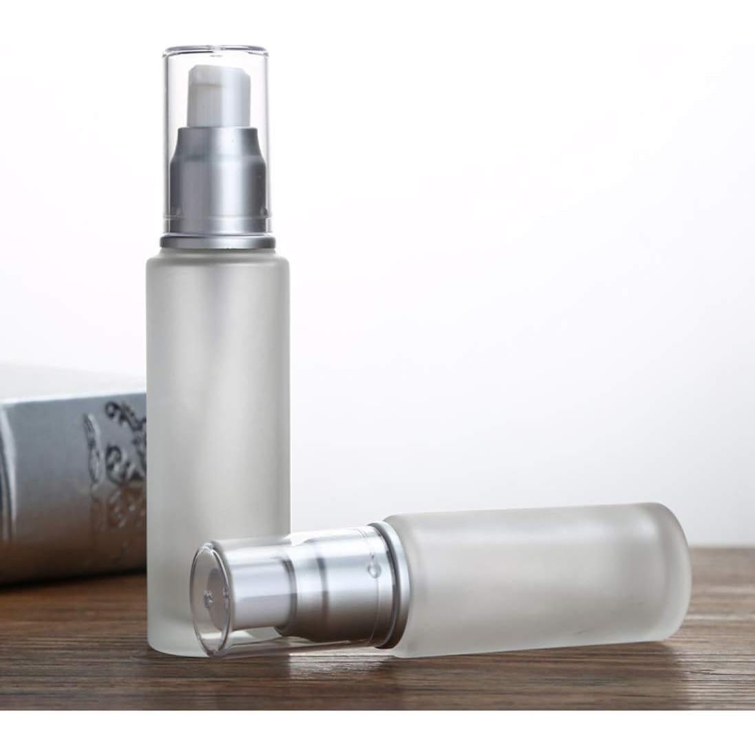 2PC Empty Glass Refillable Dispenser Pump Lotion Bottle White Frosted Cosmetic Pump Bottle Containers For Skin Care Cream Liquid Essential Oil (100ML/3.4oz)