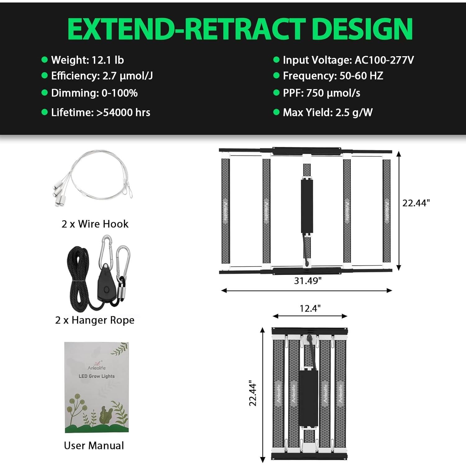 Luces de Cultivo LED A ANLEOLIFE 300W Espectro Completo 3x4ft