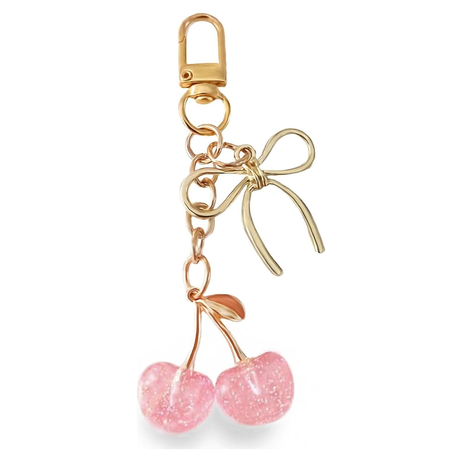 Llavero de Cereza Rosa con Lazo Dorado - Regalo para Mujeres