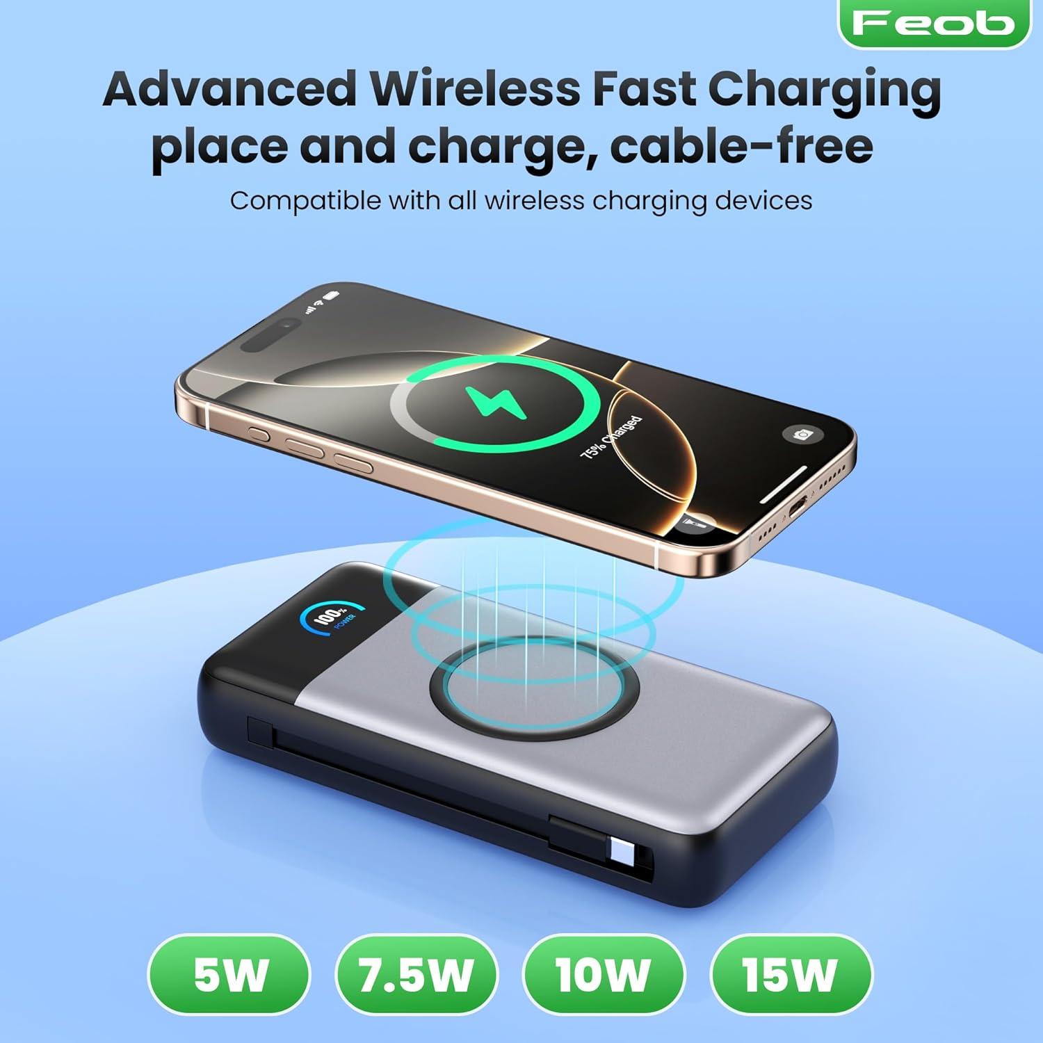 Wireless Portable Charger 40800mAh with Built-in Cables, 15W Wireless Charging USB C Power Bank, 25W PD QC 4.0 5 Outputs TFT LCD Display Battery Pack for iPhone 16/15/14/13/12, Samsung, Android etc