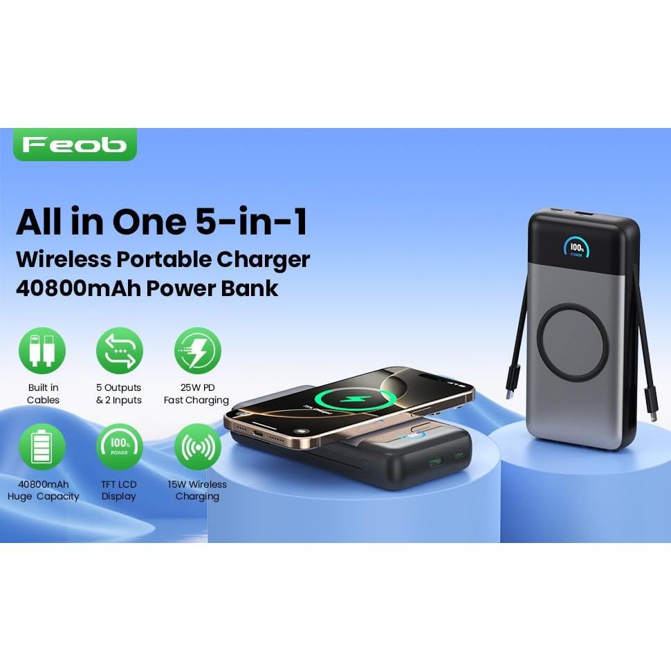 Wireless Portable Charger 40800mAh with Built-in Cables, 15W Wireless Charging USB C Power Bank, 25W PD QC 4.0 5 Outputs TFT LCD Display Battery Pack for iPhone 16/15/14/13/12, Samsung, Android etc