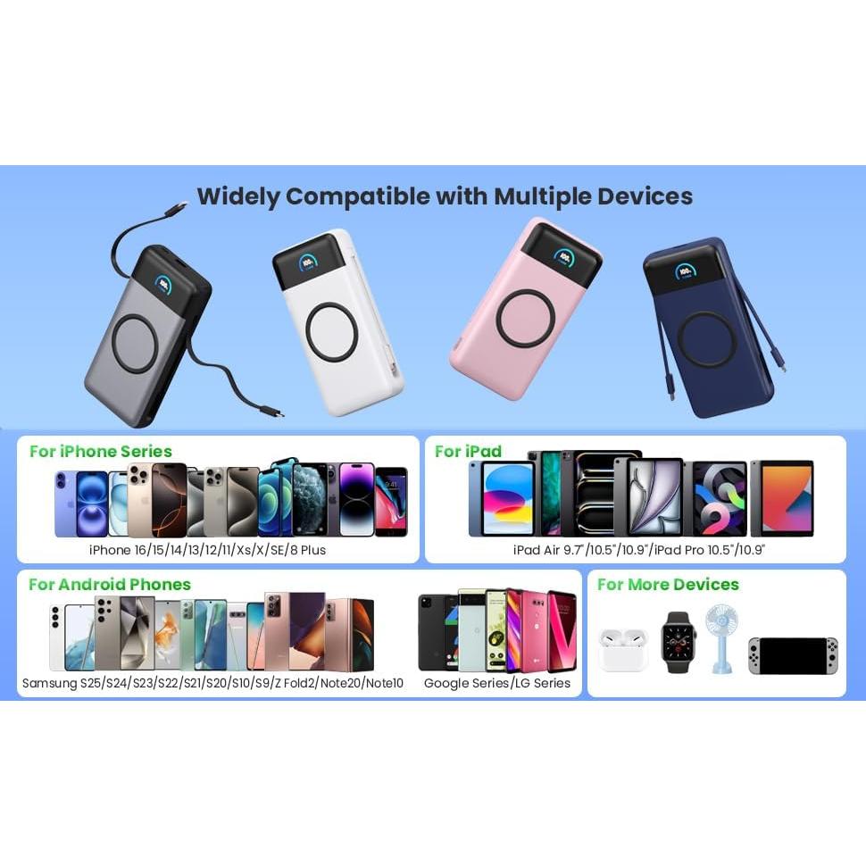 Wireless Portable Charger 40800mAh with Built-in Cables, 15W Wireless Charging USB C Power Bank, 25W PD QC 4.0 5 Outputs TFT LCD Display Battery Pack for iPhone 16/15/14/13/12, Samsung, Android etc
