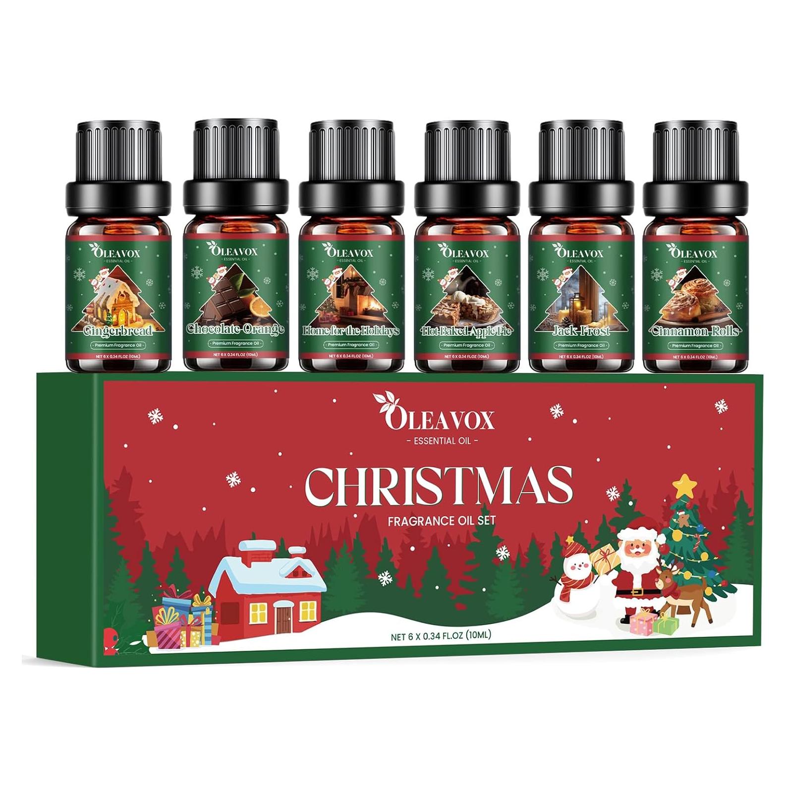 Christmas Essential Oils Set, 6 Premium Winter Fragrance Oils for Diffuser, Candle Scented Oils Gift,Gingerbread, Cinnamon Roll, Hot Baked Apple Pie,Home for the Holidays, Jack Frost, Chocolate Orange