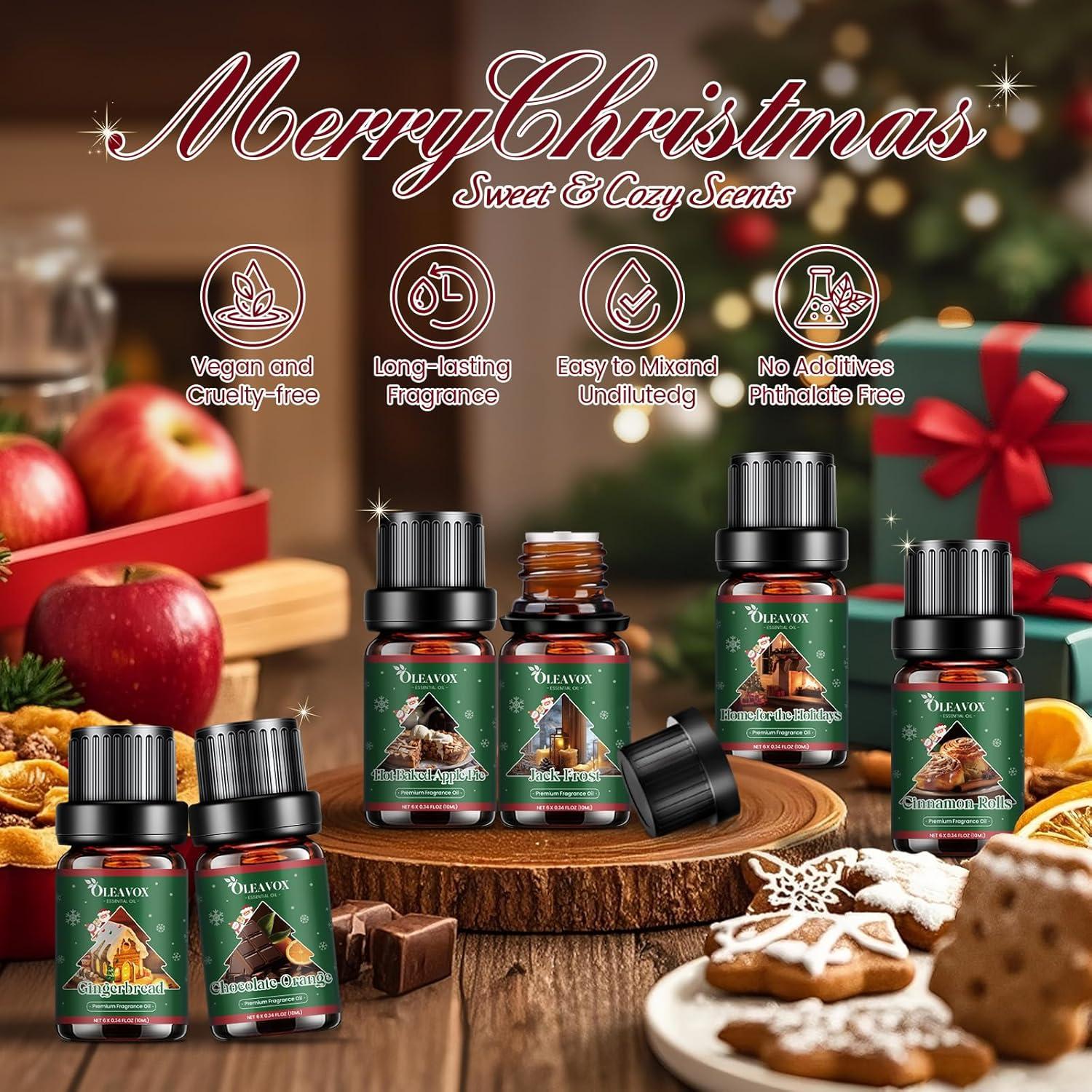 Christmas Essential Oils Set, 6 Premium Winter Fragrance Oils for Diffuser, Candle Scented Oils Gift,Gingerbread, Cinnamon Roll, Hot Baked Apple Pie,Home for the Holidays, Jack Frost, Chocolate Orange