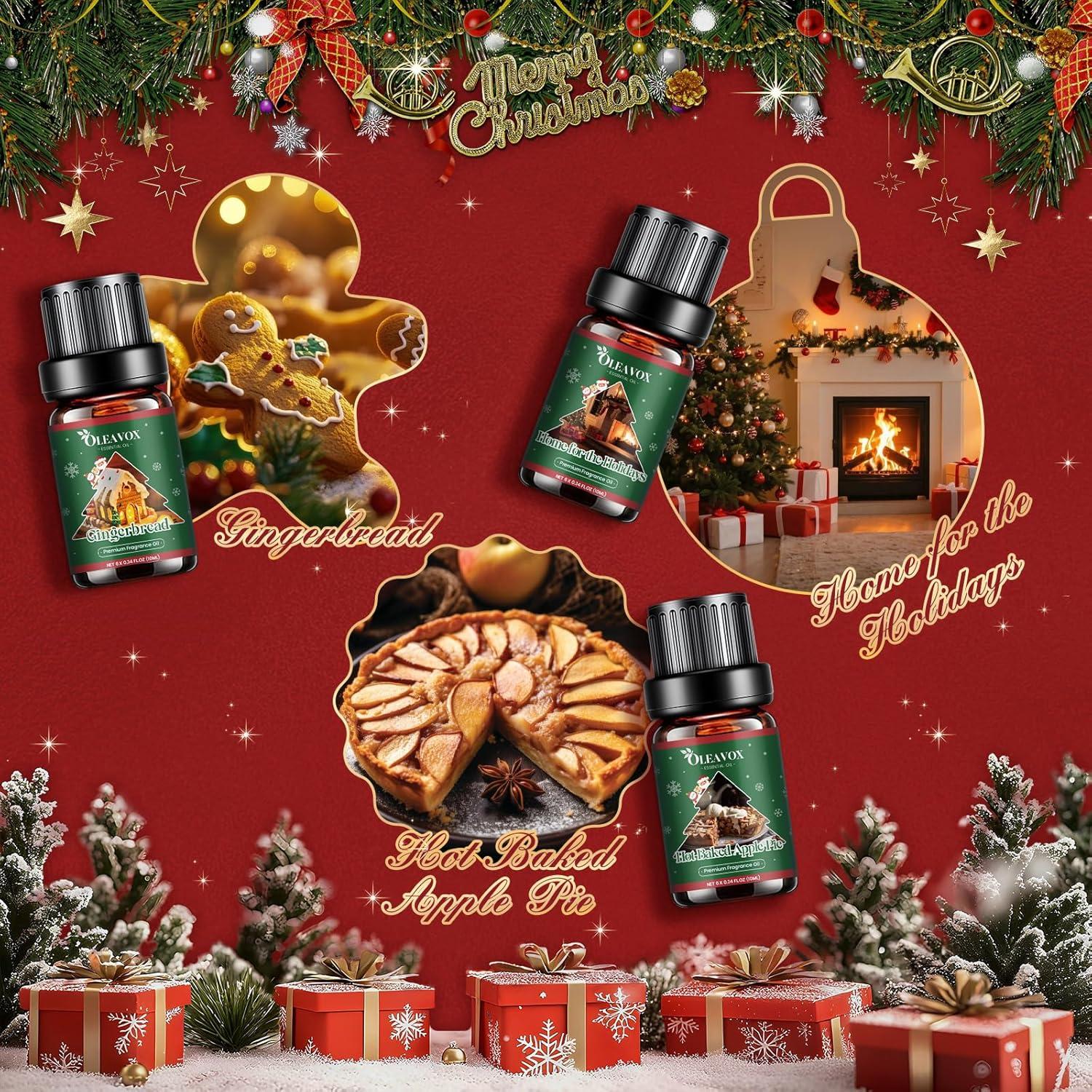 Christmas Essential Oils Set, 6 Premium Winter Fragrance Oils for Diffuser, Candle Scented Oils Gift,Gingerbread, Cinnamon Roll, Hot Baked Apple Pie,Home for the Holidays, Jack Frost, Chocolate Orange