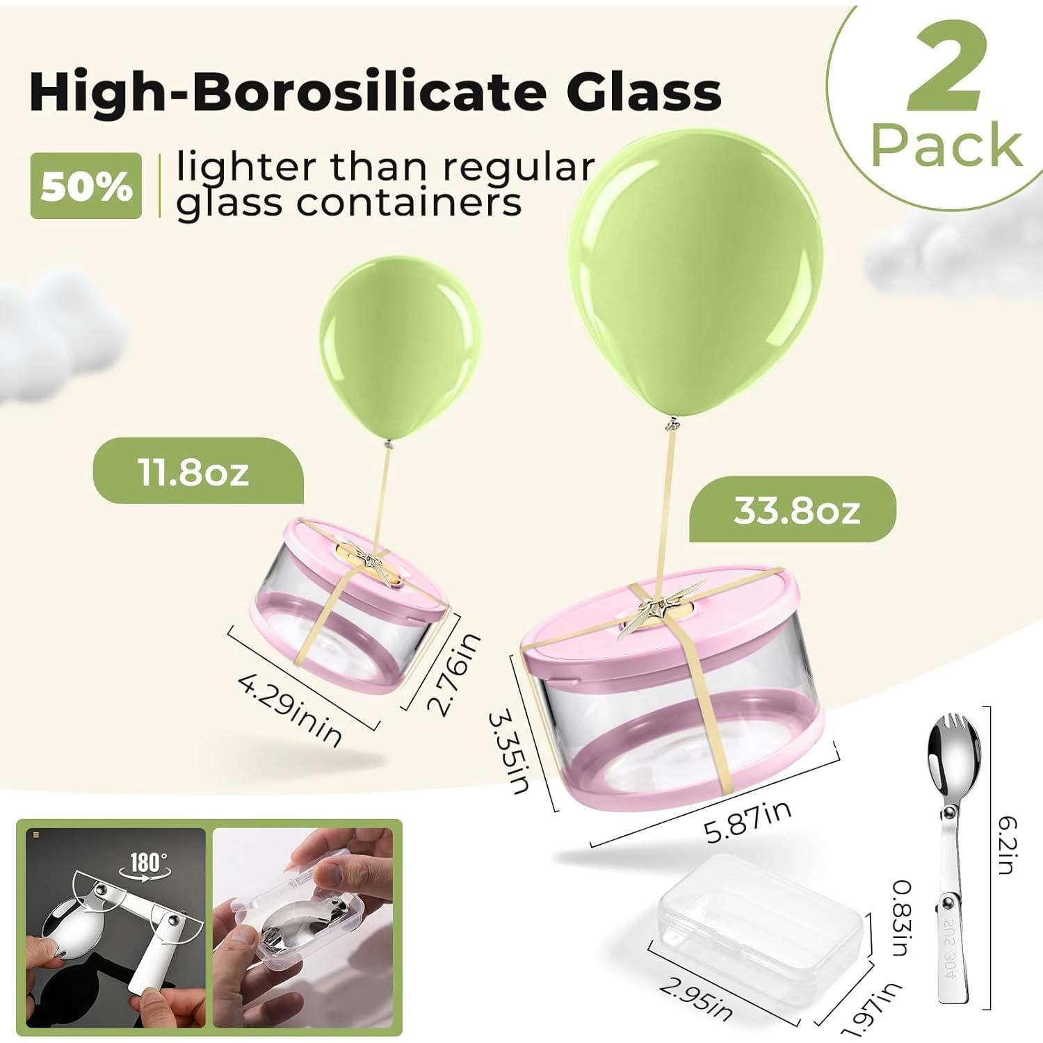 Contenedores de Almacenamiento de Vidrio SAYAPE 2 Paquete Rosa 1000ml 350ml