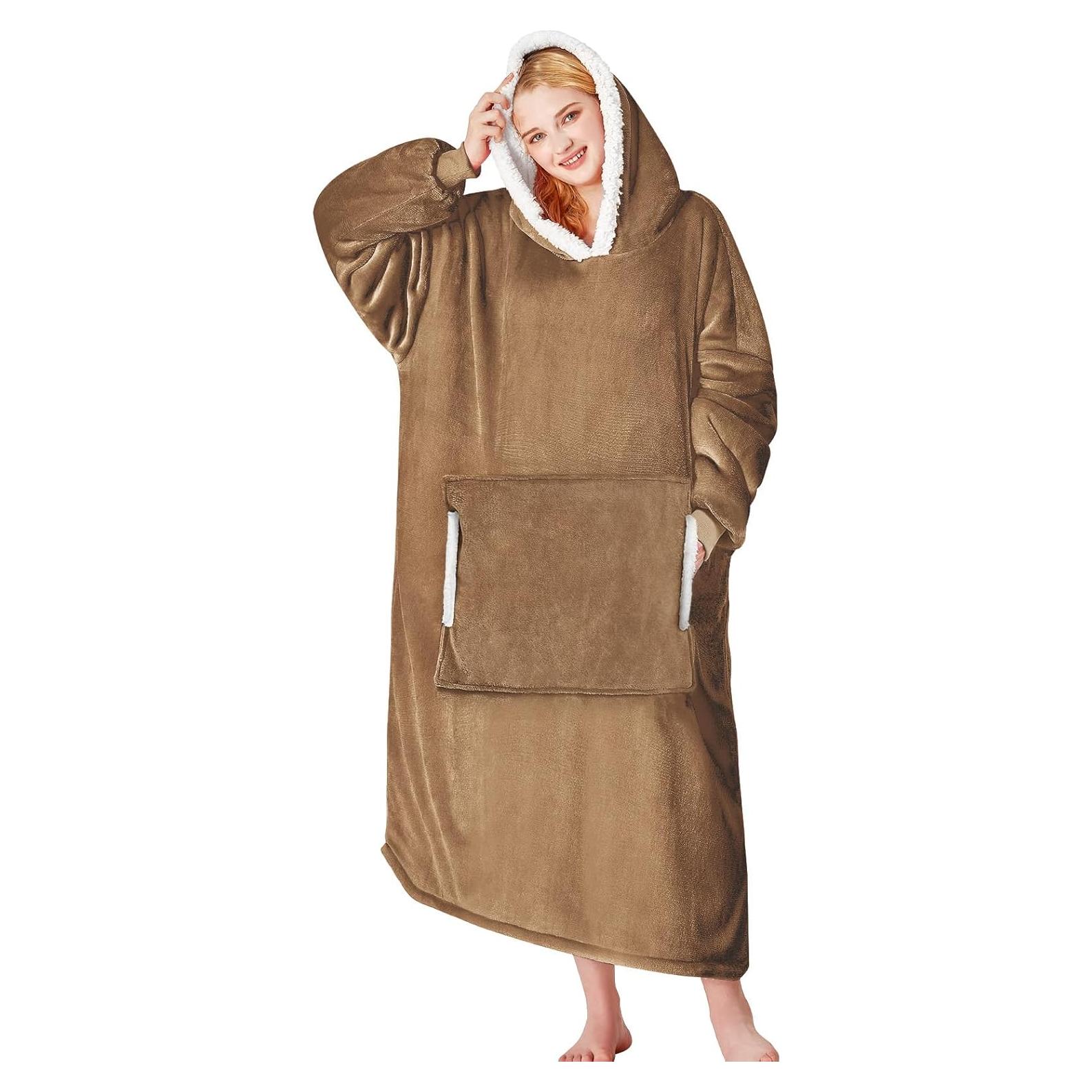 Sudadera Manta Oversized Yescool Beige Marrón con Capucha