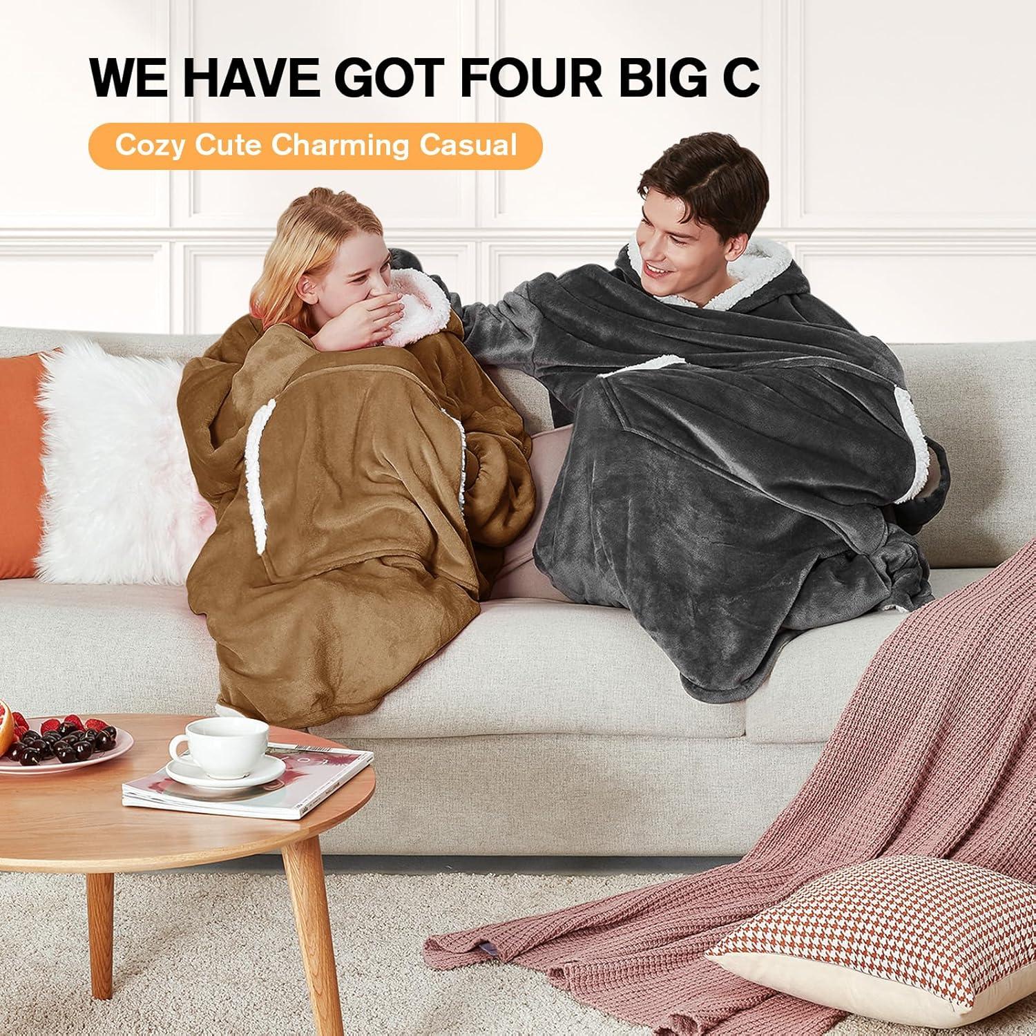 Sudadera Manta Oversized Yescool Beige Marrón con Capucha