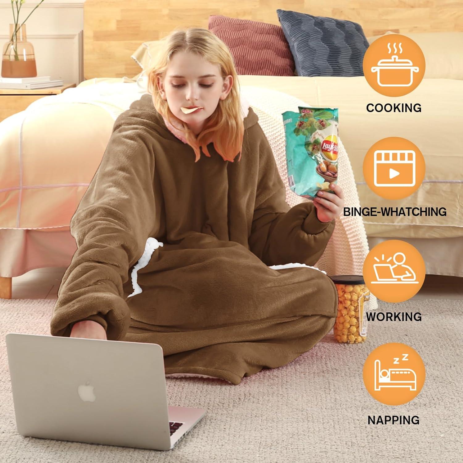 Sudadera Manta Oversized Yescool Beige Marrón con Capucha