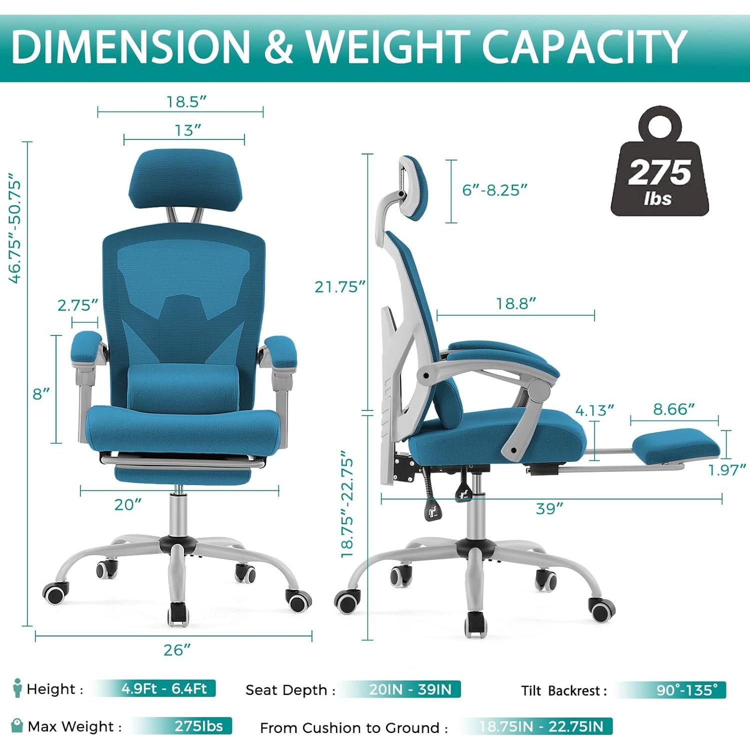 Silla de Oficina DUMOS Azul con Reposapiés Ajustable