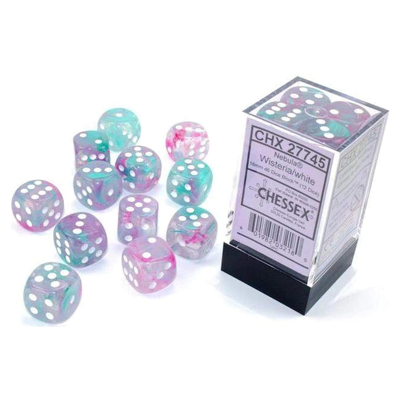 Dados de Juego Chessex Nebula 16mm Wisteria/Blanco (12 piezas)
