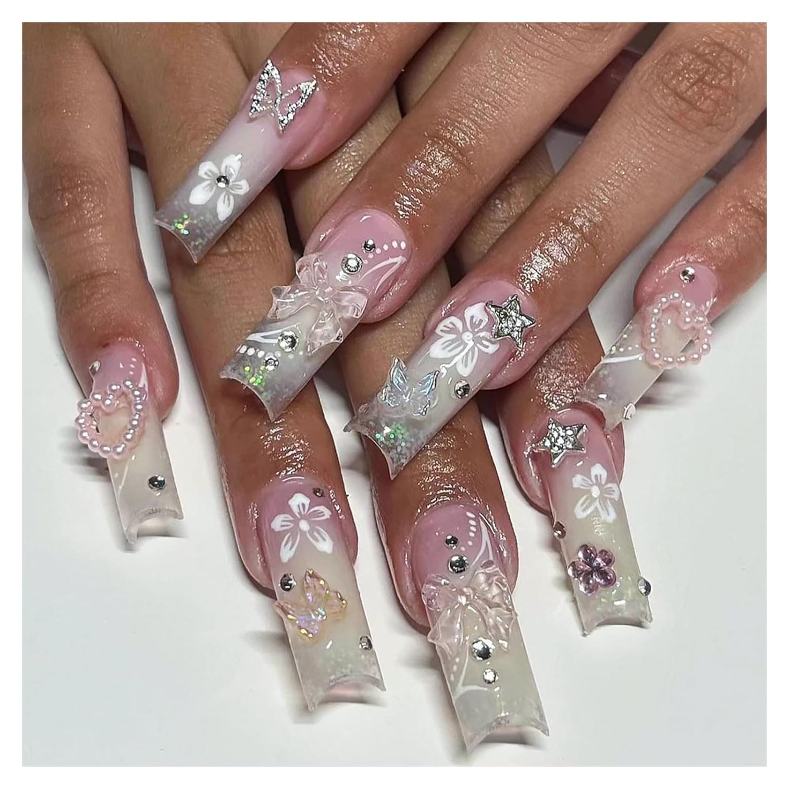 Uñas Postizas Francesas RTKHFZE Largas Cuadradas 24 Pcs Rosa Blanco