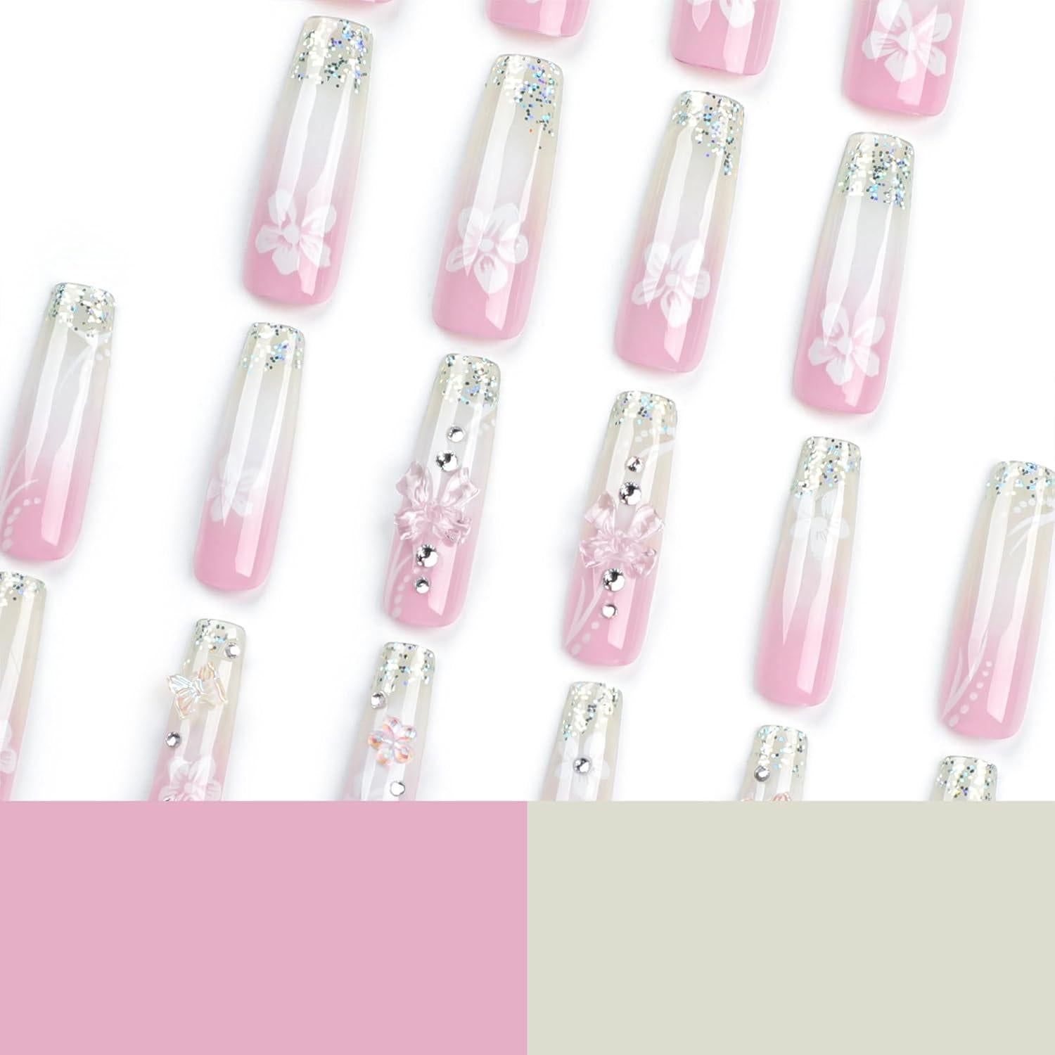 Uñas Postizas Francesas RTKHFZE Largas Cuadradas 24 Pcs Rosa Blanco