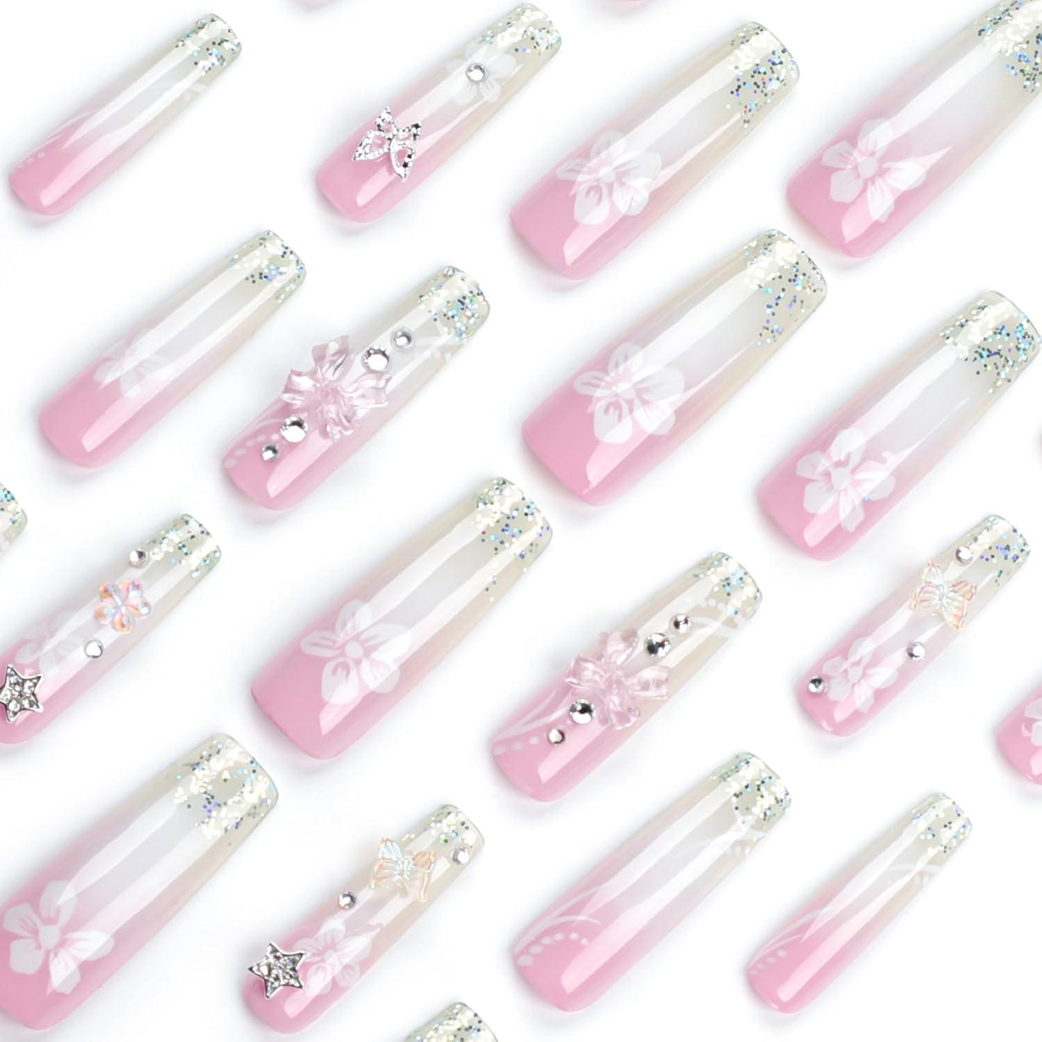 Uñas Postizas Francesas RTKHFZE Largas Cuadradas 24 Pcs Rosa Blanco