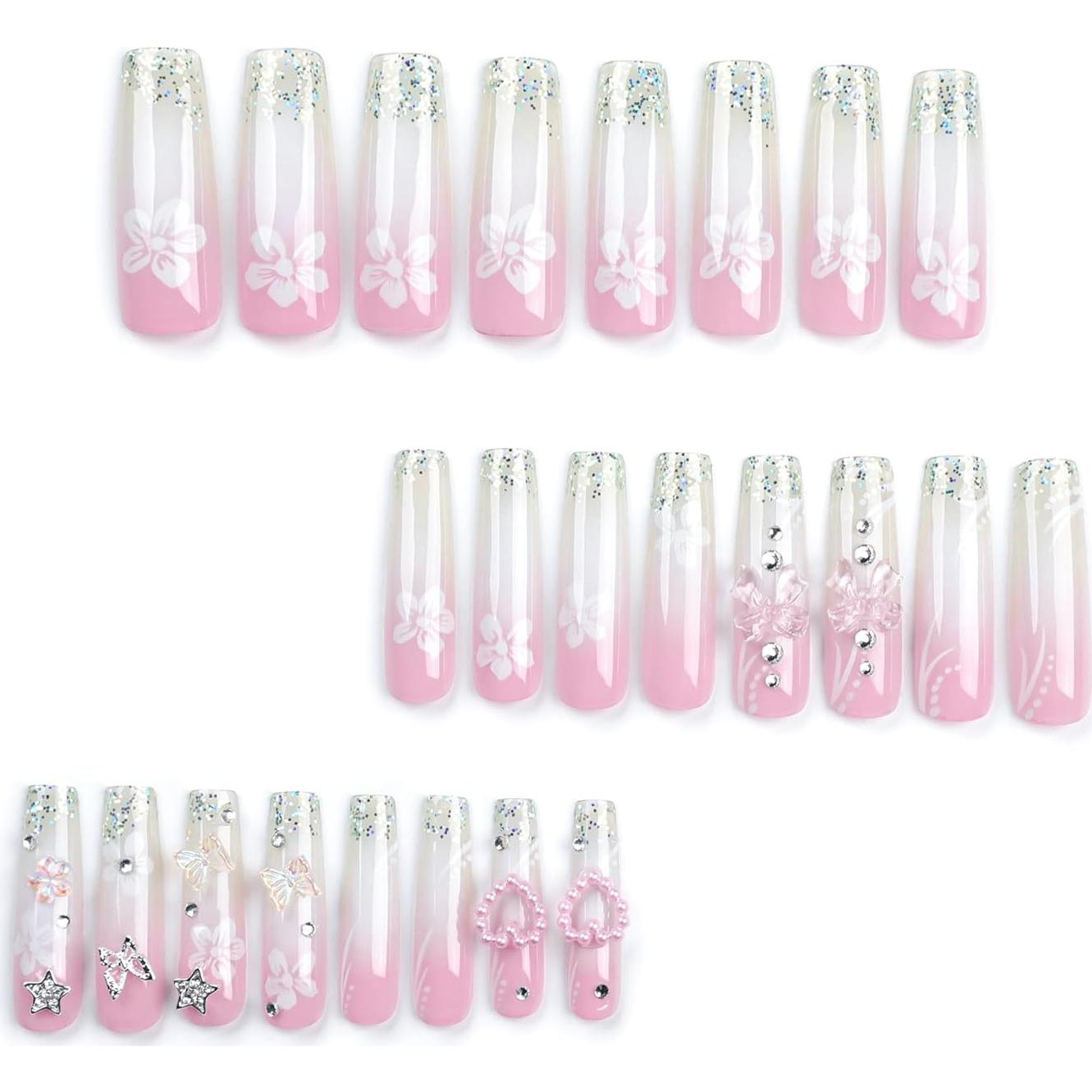 Uñas Postizas Francesas RTKHFZE Largas Cuadradas 24 Pcs Rosa Blanco