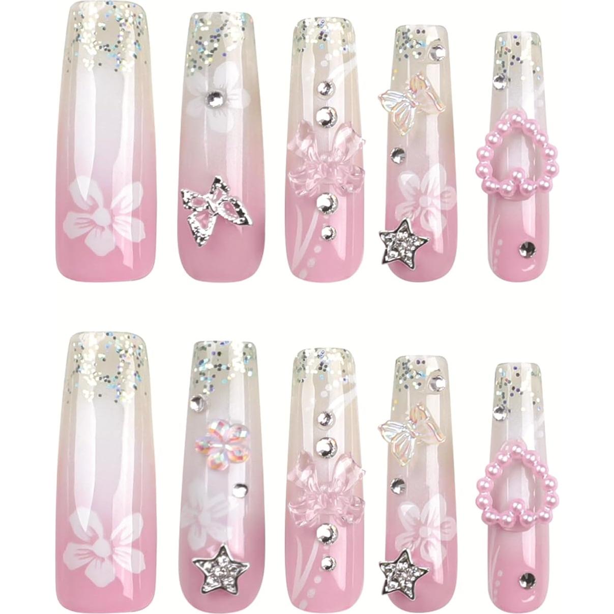 Uñas Postizas Francesas RTKHFZE Largas Cuadradas 24 Pcs Rosa Blanco