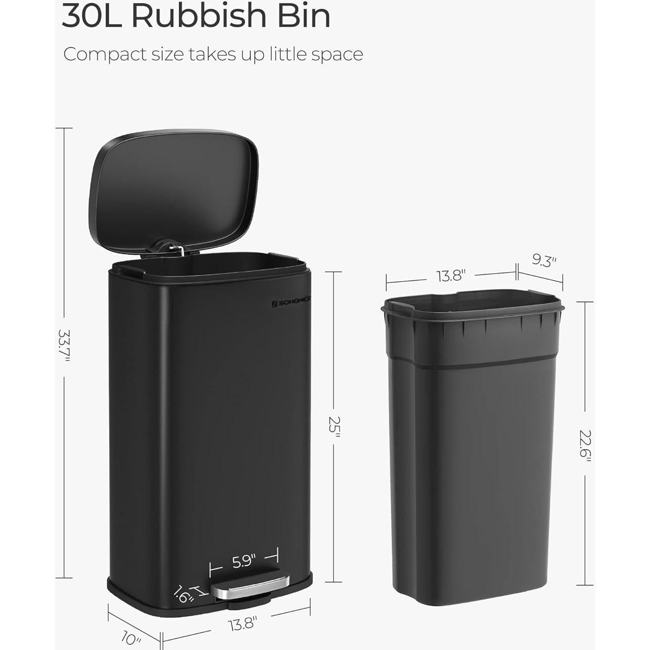 Cubo de Basura SONGMICS 30L Acero Inoxidable Negro con Pedal