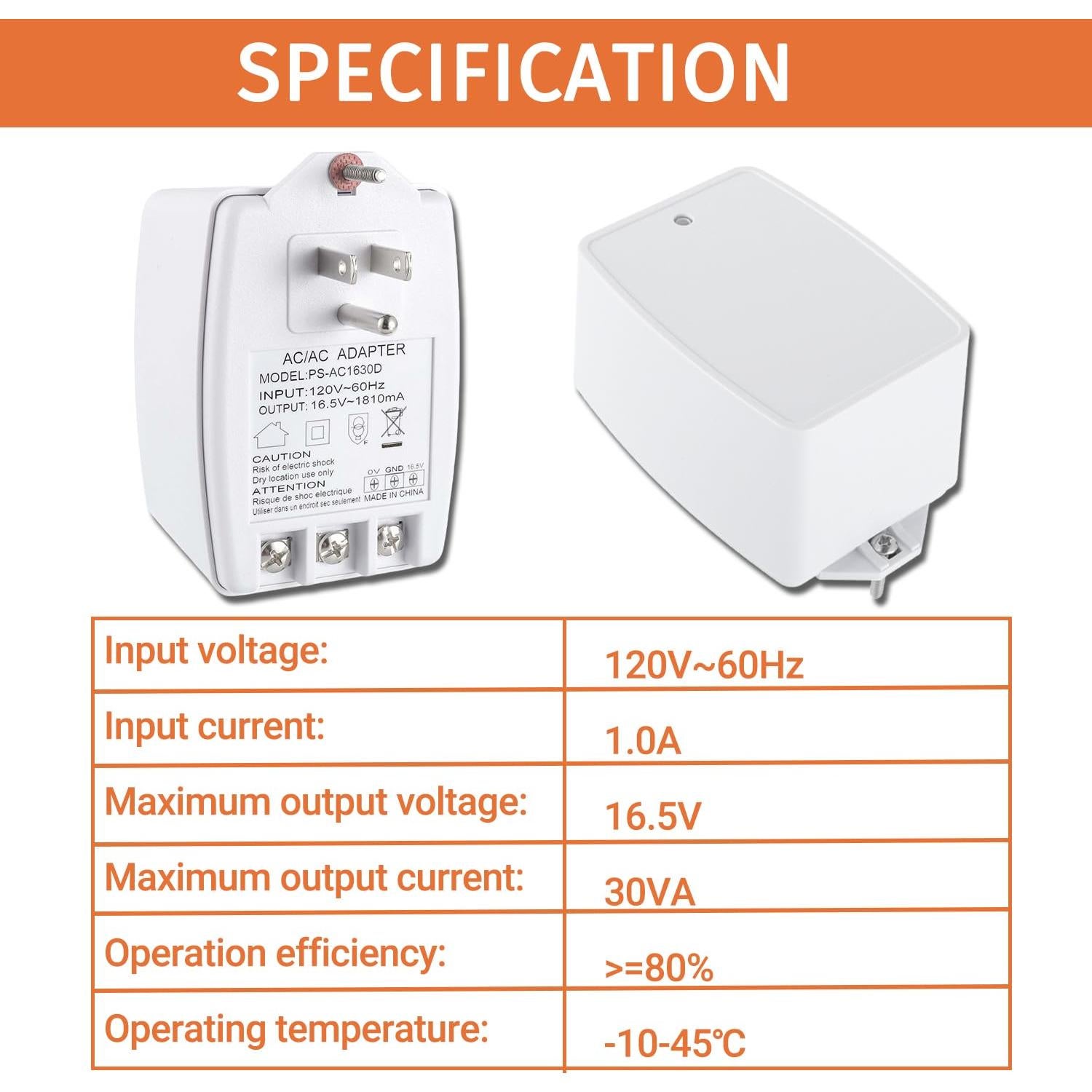 Transformador Enchufable 16.5V 1810mA JAMHER para Timbres y Termostatos