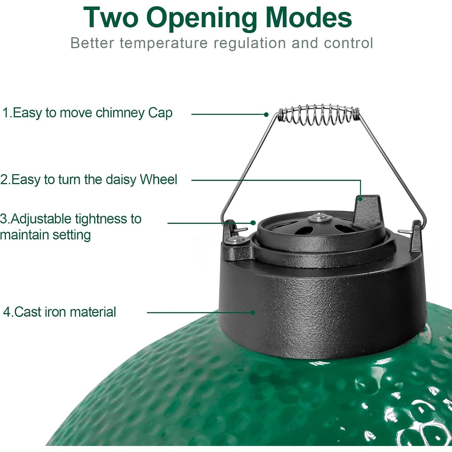 Cast Iron Cap for Big Green Egg Dual Function Metal Top, Daisy Wheel Chimney Cap for Small/MiniMax Big Green Egg Accessories Replacement