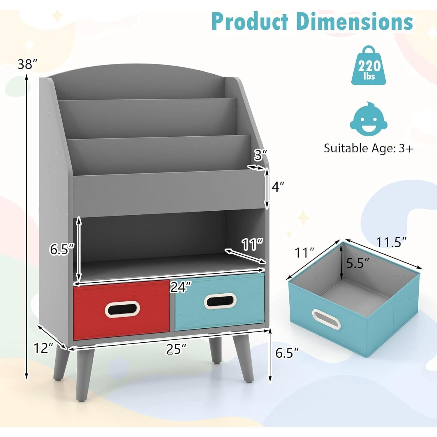 Estantería de Libros para Niños GLACER 3 Niveles con Cajones