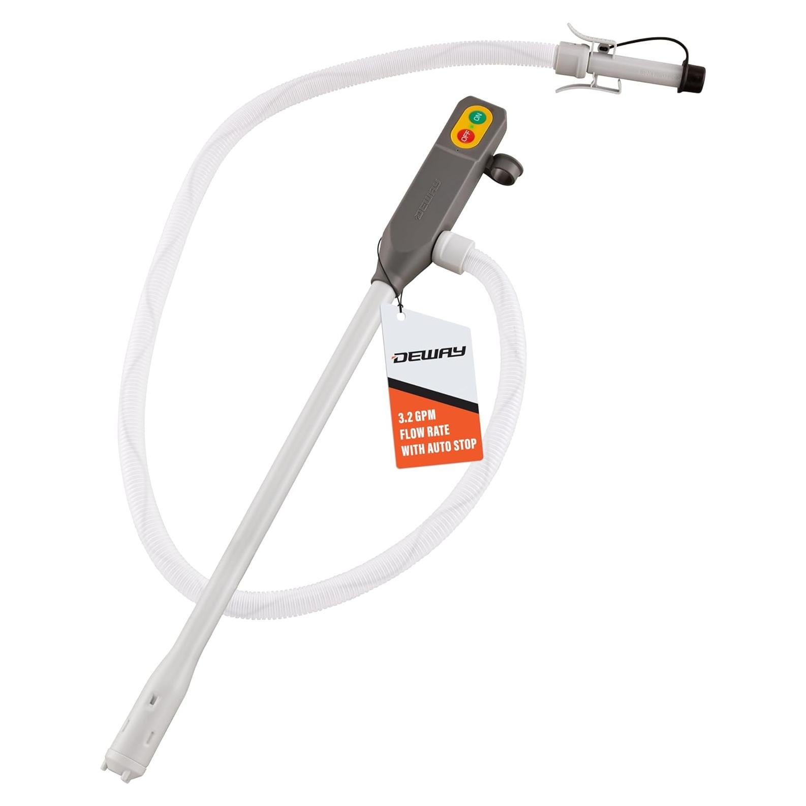 DeWay Battery-Powered Stick Fuel Transfer Pump with Auto-Stop Nozzle and Beep Function, Fast 3.2GPM Flow Rate & 51” Clear Hose | Fits Most Gas Cans for Pumping Gasoline, Diesel & Non-Potable Water