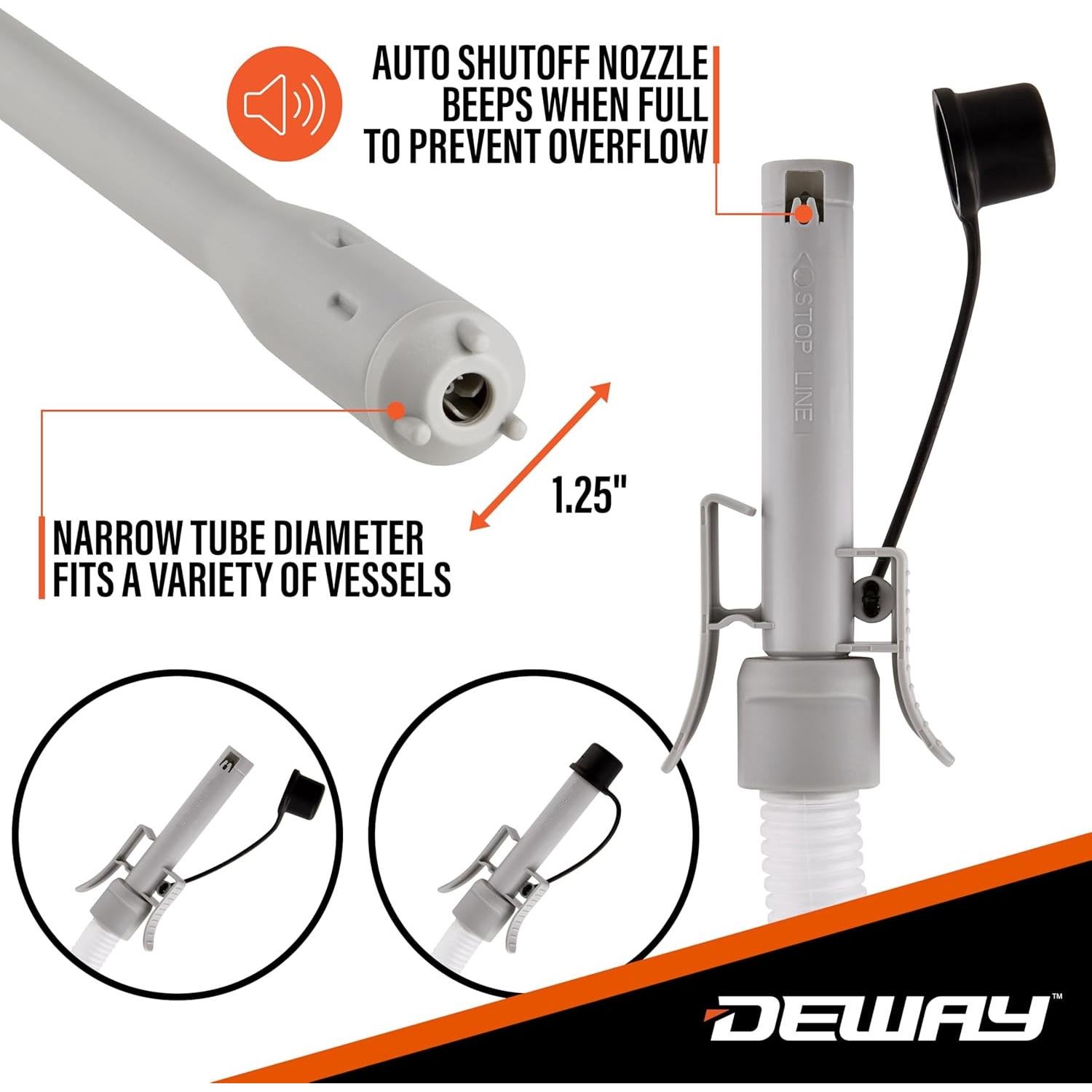 DeWay Battery-Powered Stick Fuel Transfer Pump with Auto-Stop Nozzle and Beep Function, Fast 3.2GPM Flow Rate & 51” Clear Hose | Fits Most Gas Cans for Pumping Gasoline, Diesel & Non-Potable Water