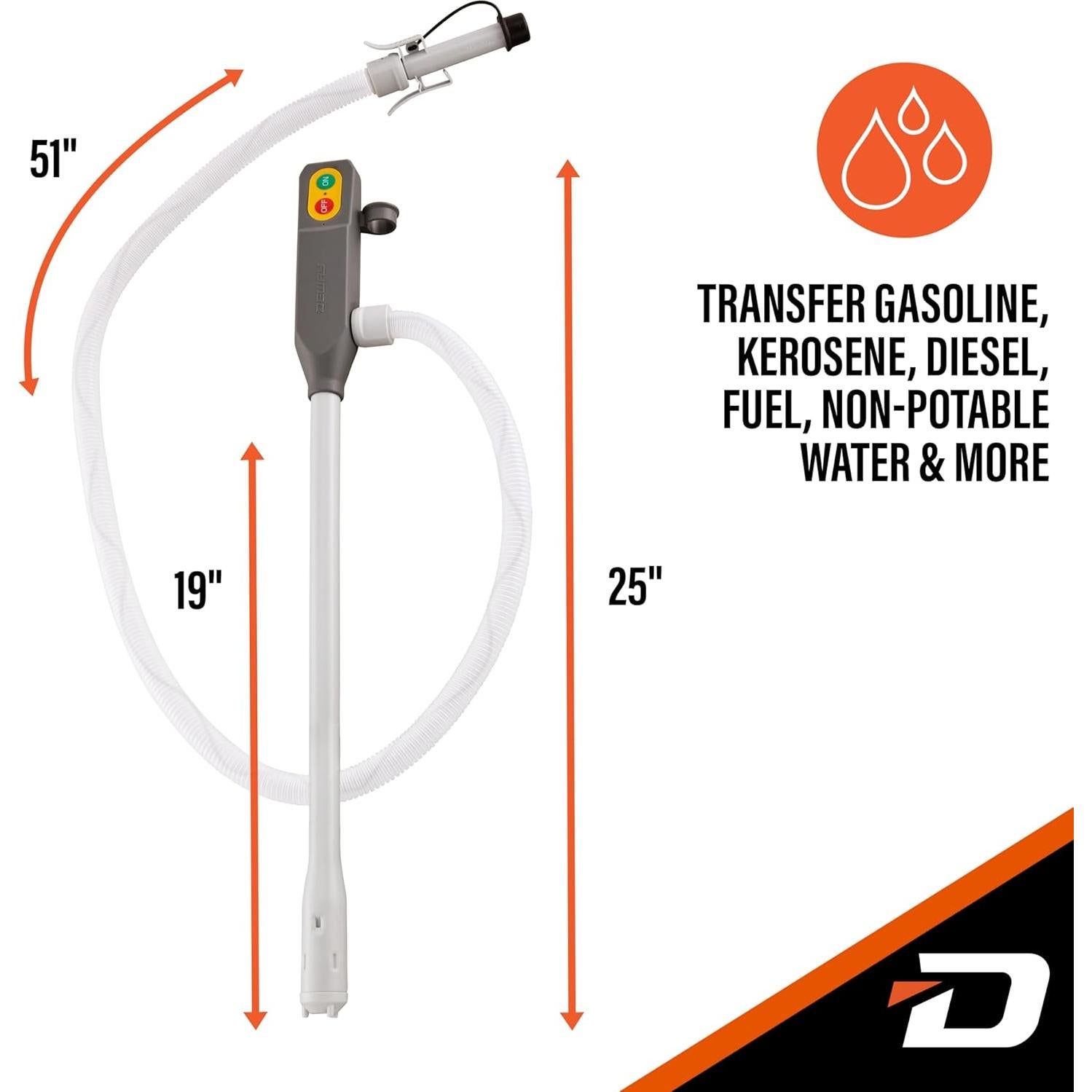 DeWay Battery-Powered Stick Fuel Transfer Pump with Auto-Stop Nozzle and Beep Function, Fast 3.2GPM Flow Rate & 51” Clear Hose | Fits Most Gas Cans for Pumping Gasoline, Diesel & Non-Potable Water