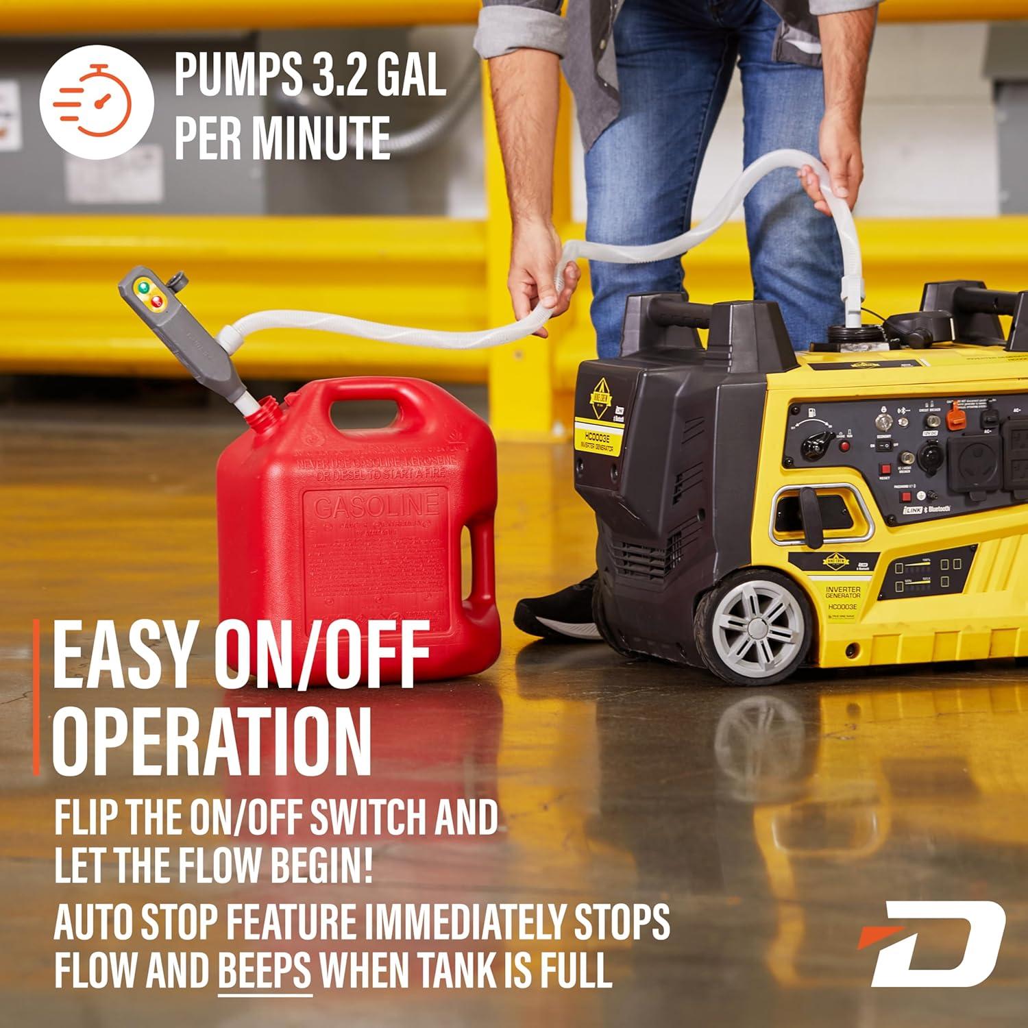 DeWay Battery-Powered Stick Fuel Transfer Pump with Auto-Stop Nozzle and Beep Function, Fast 3.2GPM Flow Rate & 51” Clear Hose | Fits Most Gas Cans for Pumping Gasoline, Diesel & Non-Potable Water