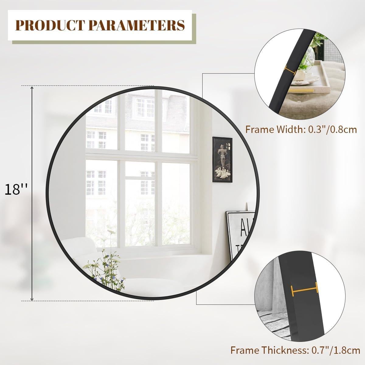 Espejo Redondo 45.72 cm BEAUTYPEAK con Marco de Aluminio Negro