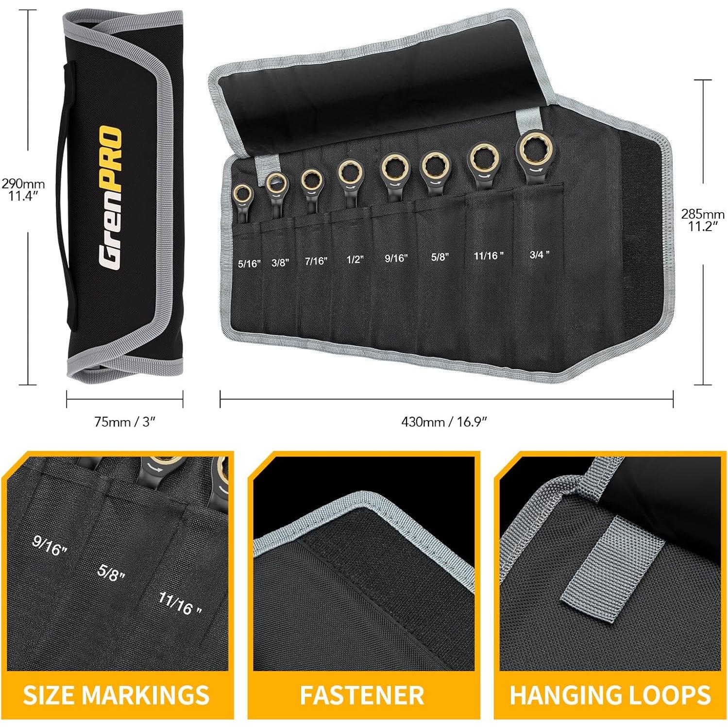 Juego de Llaves de Carraca GRENPRO 9 Piezas SAE con Medidor