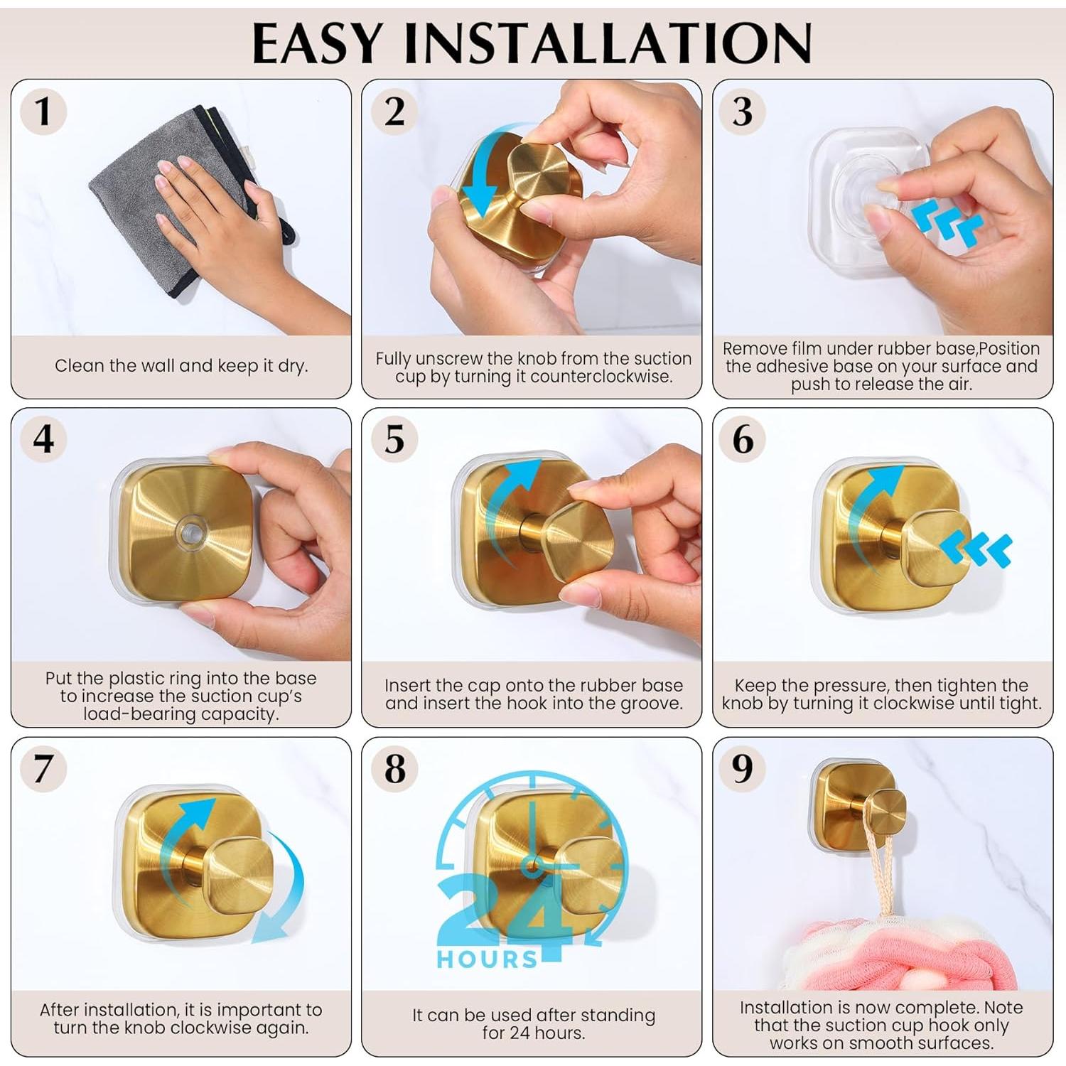 Ganchos de Ventosa Warlve para Ducha - Oro Cepillado, 2 Piezas