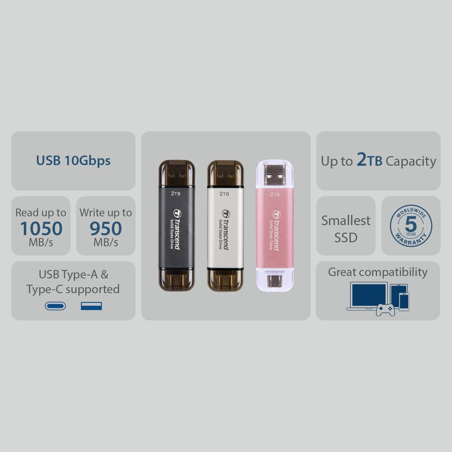 SSD Externo Transcend 512GB USB 3.2 Doble Tipo C y A