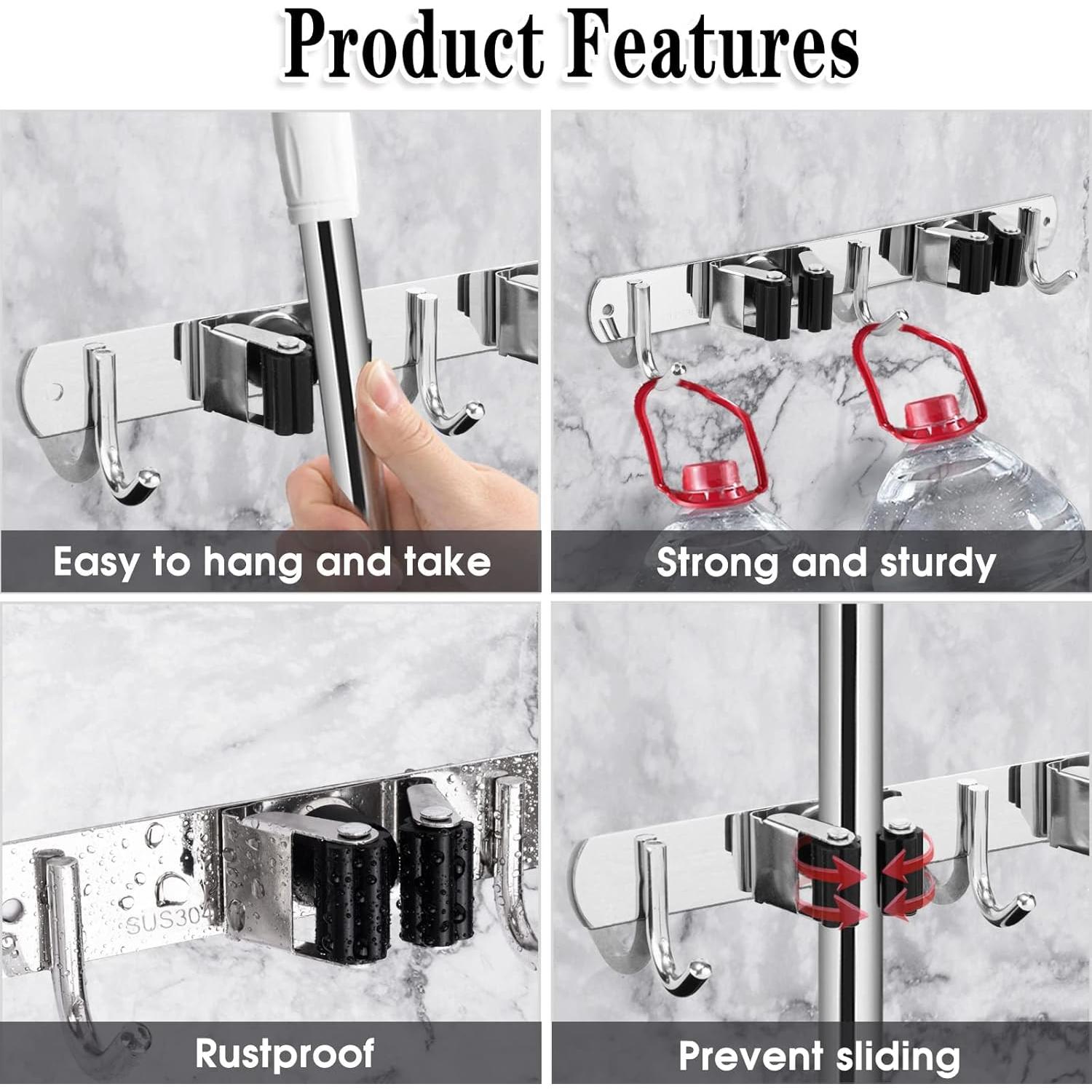 Soporte de Escoba y Trapeador AceMining 2 Soportes 3 Ganchos