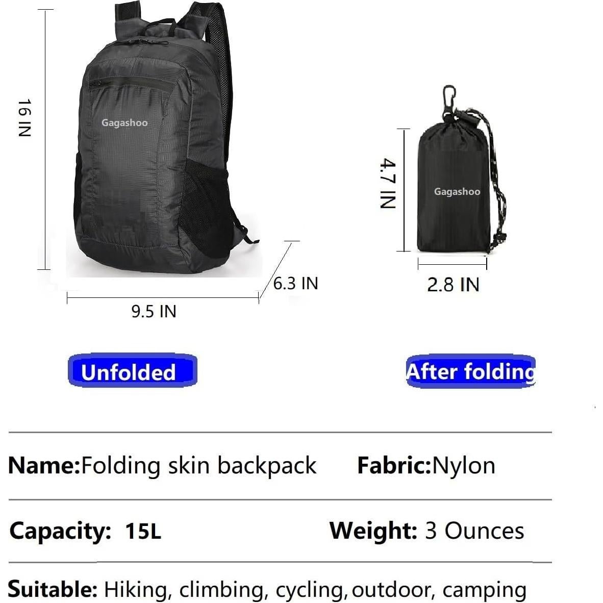 Mochila Plegable Gagashoo 15L Impermeable Negra para Senderismo