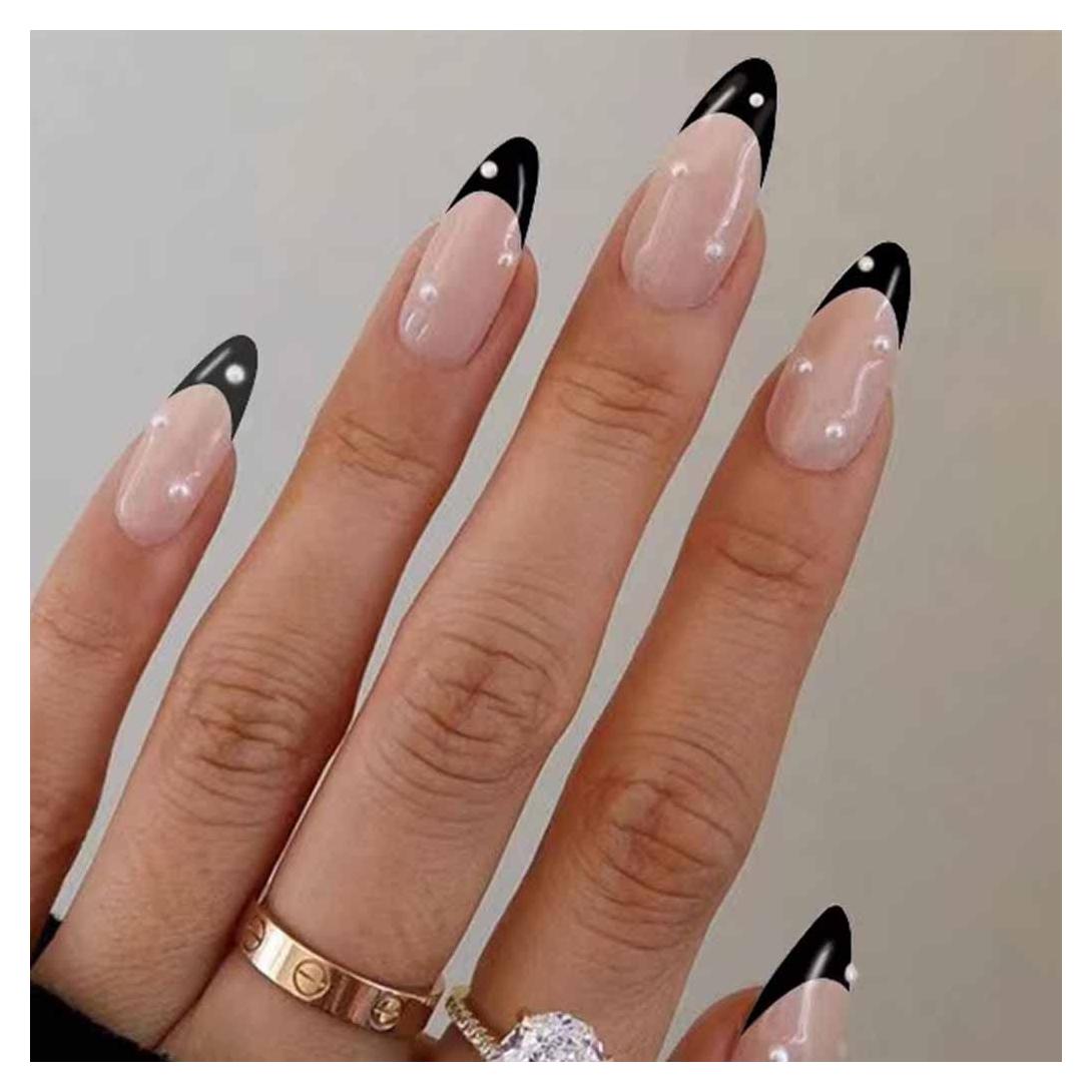 Uñas Falsas Francesas Negras Foccna - 24 Piezas Almendra