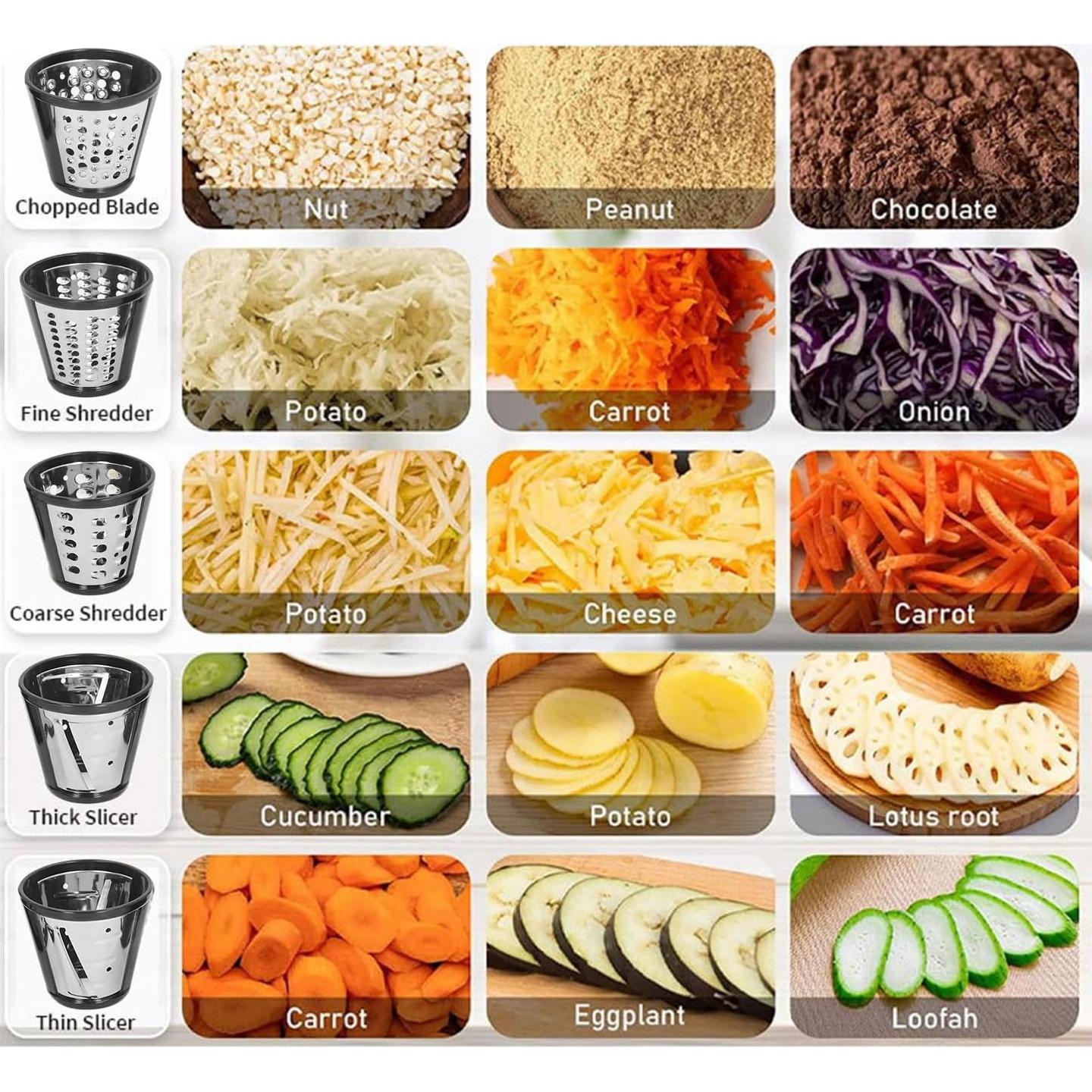 Rallador de Queso Eléctrico ZJchao 250W 5 en 1 con Cuchillas