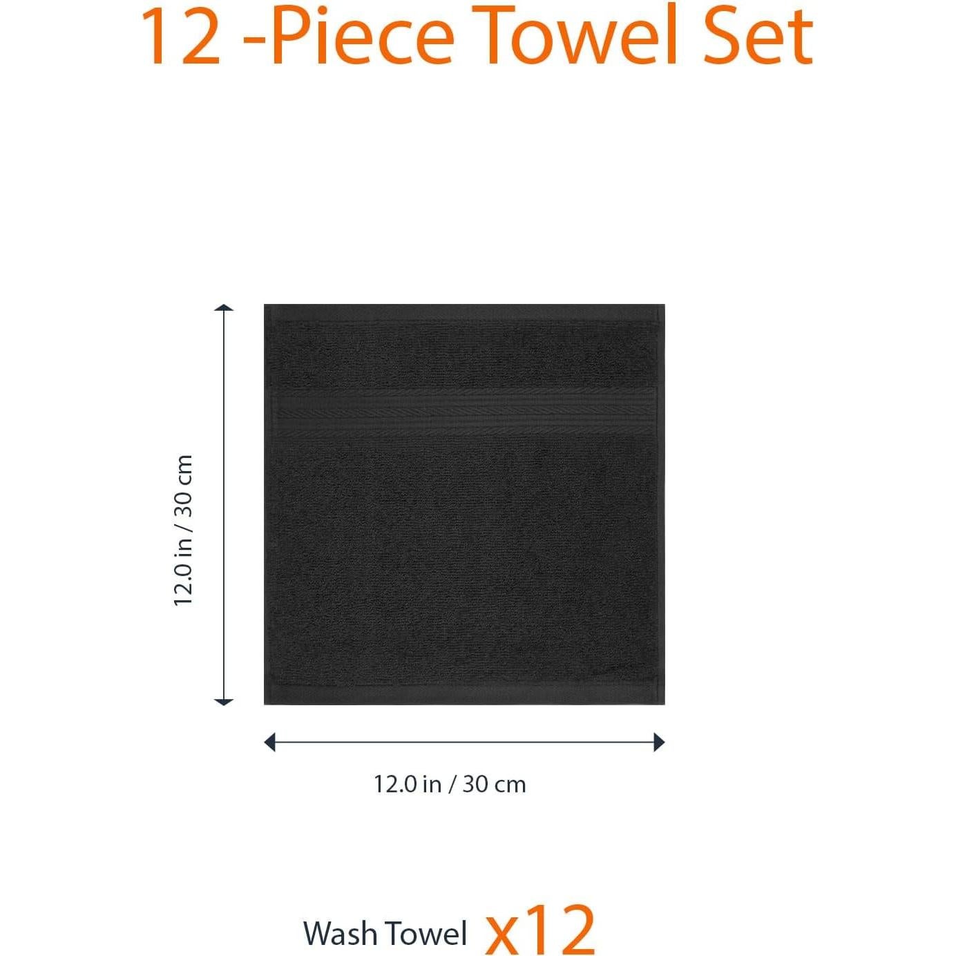 Toallas de Mano de Algodón Amazon Basics, Paquete de 12, 30.48 cm, Negro