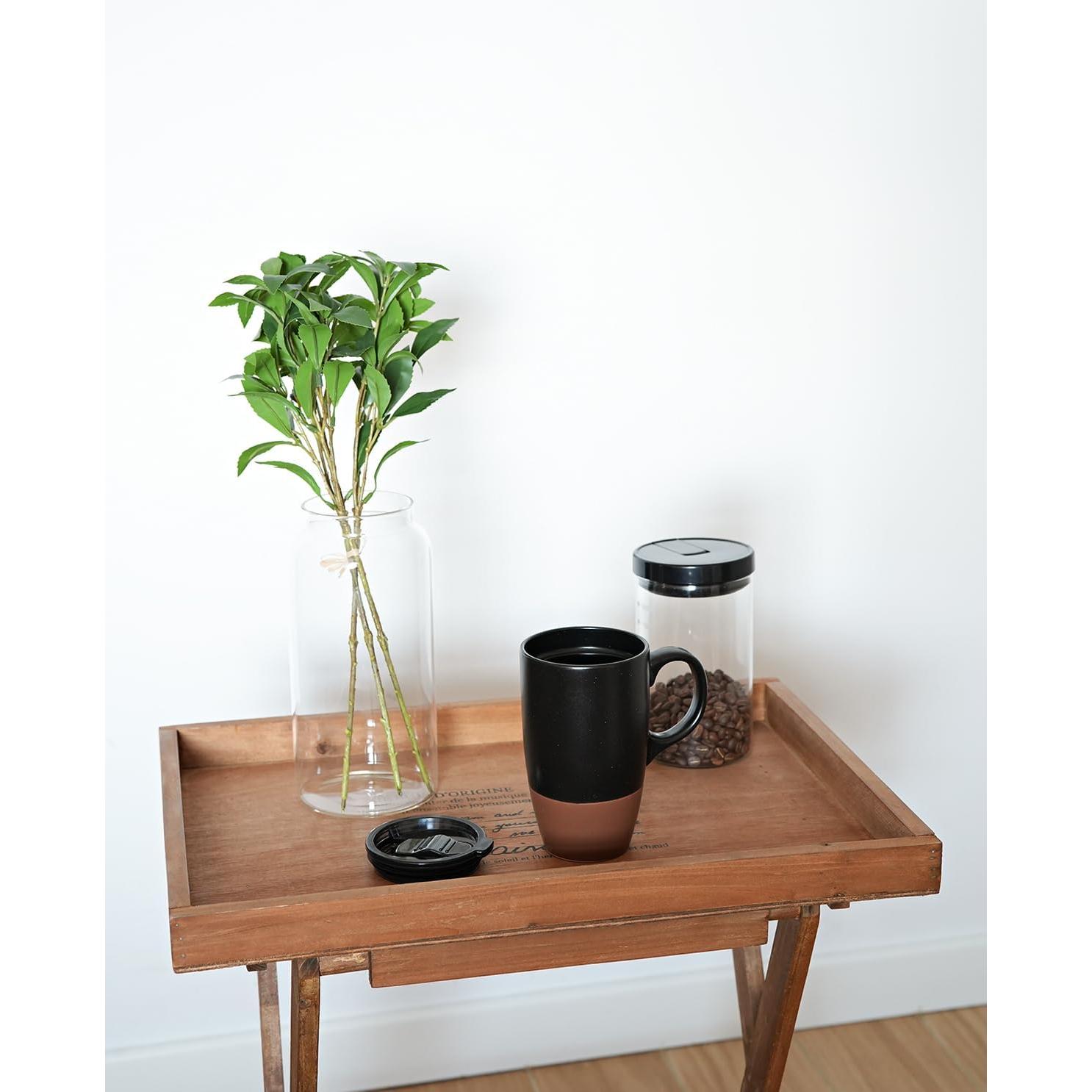 Taza de viaje cerámica Bosmarlin 532 ml con tapa y asa negra