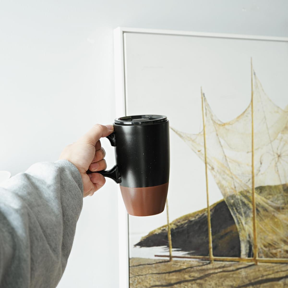 Taza de viaje cerámica Bosmarlin 532 ml con tapa y asa negra