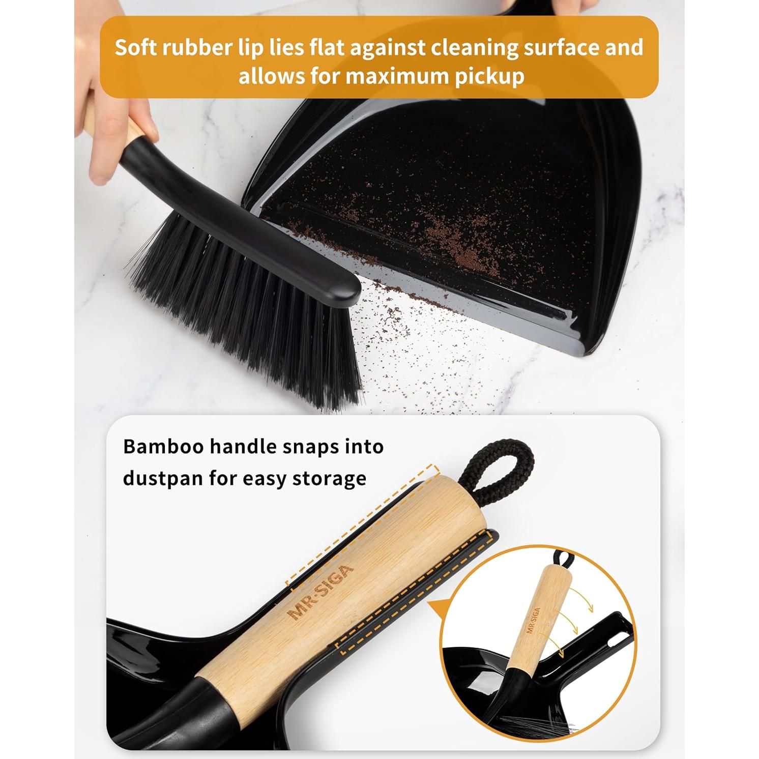 Conjunto de Cepillo y Recogedor MR.SIGA, Mango de Bambú, Negro