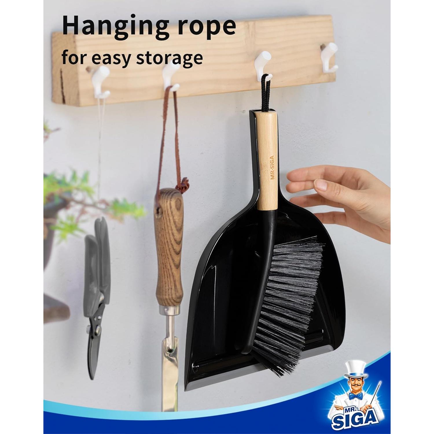 Conjunto de Cepillo y Recogedor MR.SIGA, Mango de Bambú, Negro