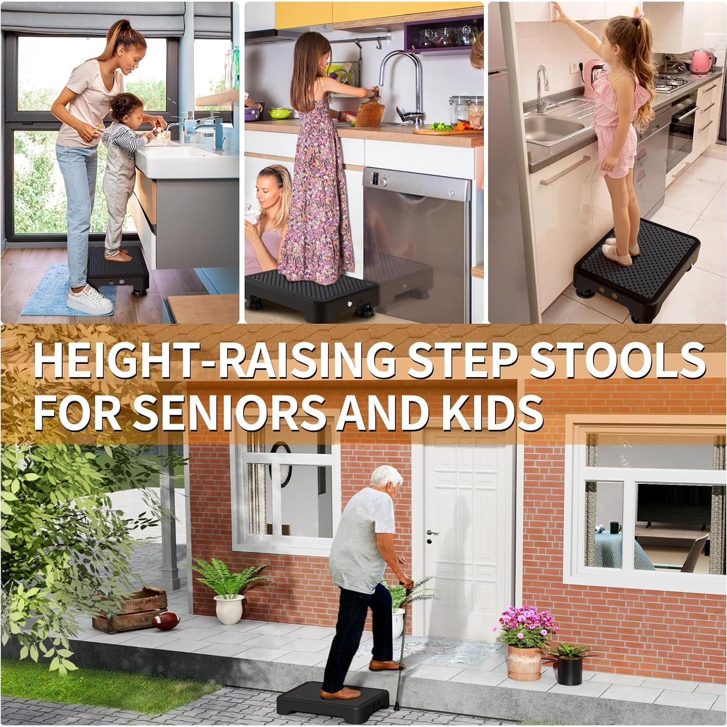 Ronlap One Step Stools for Adults, Portable Safety Step Platform for Seniors Small Plastic Bedside Step Stool Mobility Wide Step Stools Elderly Assistance for Shower Bed Car Stair Outdoor, Black-Black