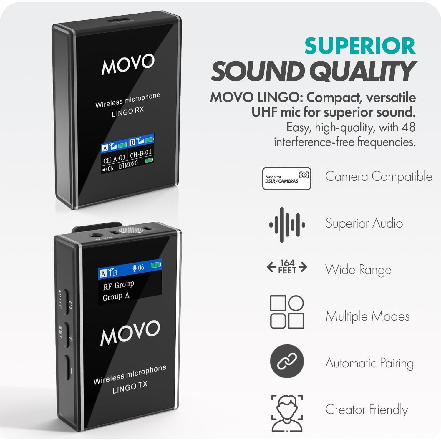 Sistema de micrófono inalámbrico Movo Lingo 48 canales para cámara