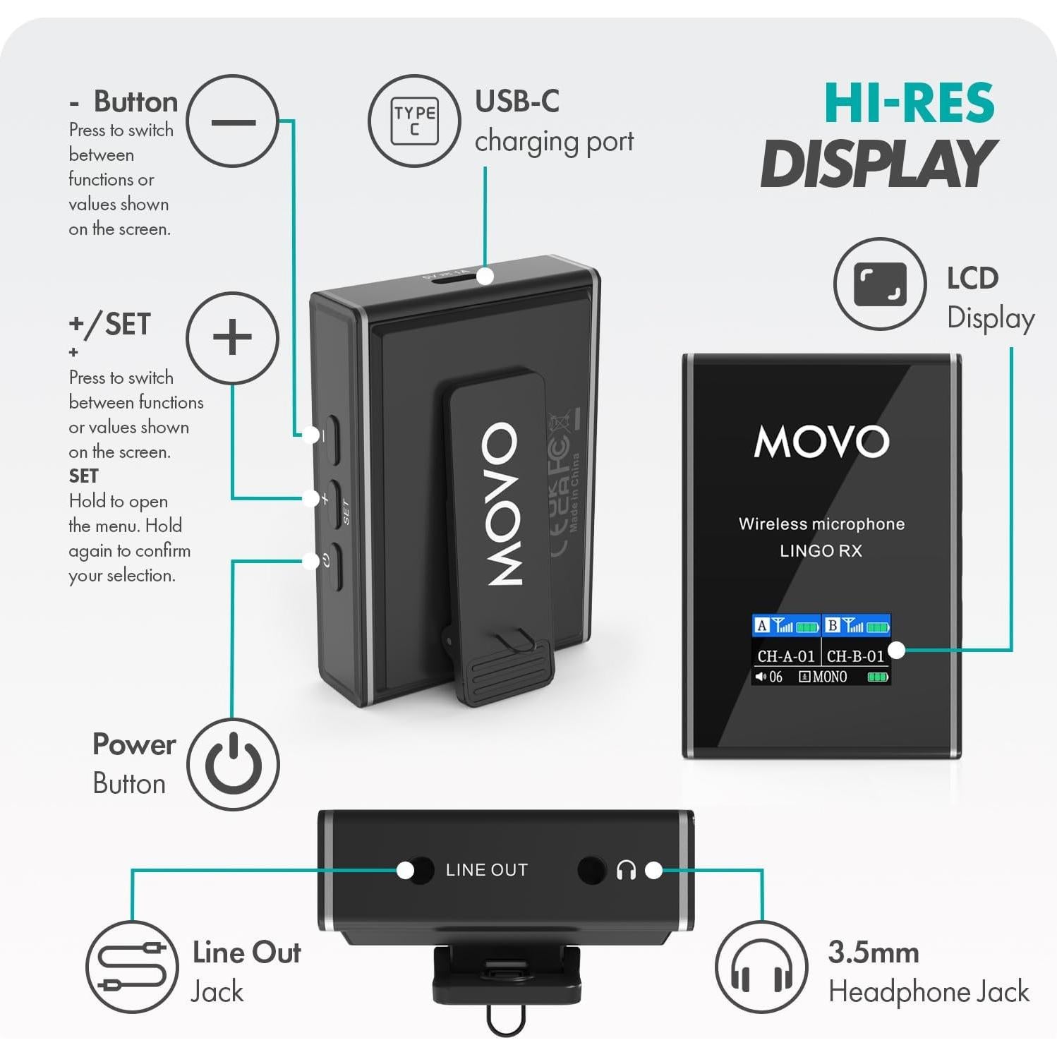 Sistema de micrófono inalámbrico Movo Lingo 48 canales para cámara