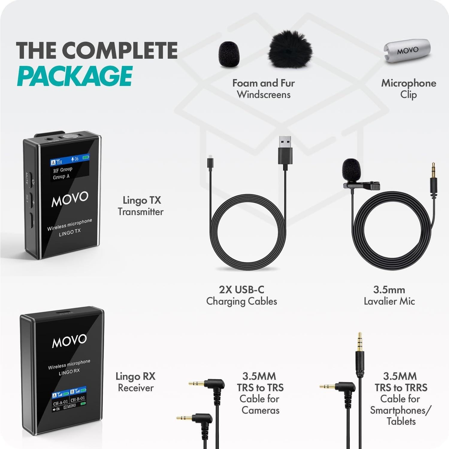 Sistema de micrófono inalámbrico Movo Lingo 48 canales para cámara