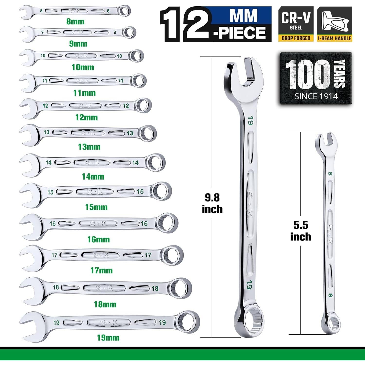Juego de Llaves Combinadas SK 12 Piezas Métrico 8-19mm
