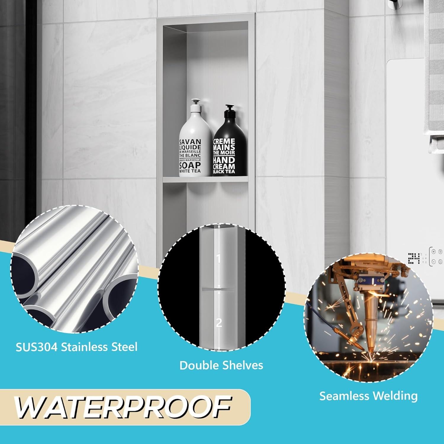 Nicho de Ducha Acero Inoxidable Qeke 60x20 cm Doble Estante