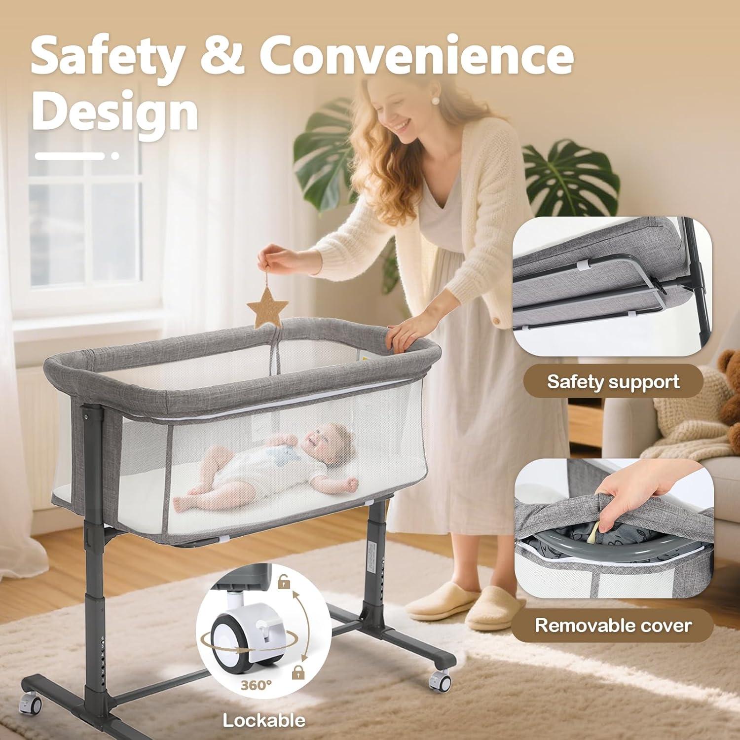 Cuna Kinder King Plegable para Bebés con Ruedas y Colchón Gris