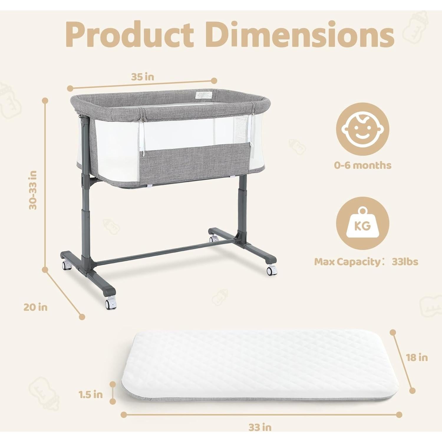 Cuna Kinder King Plegable para Bebés con Ruedas y Colchón Gris
